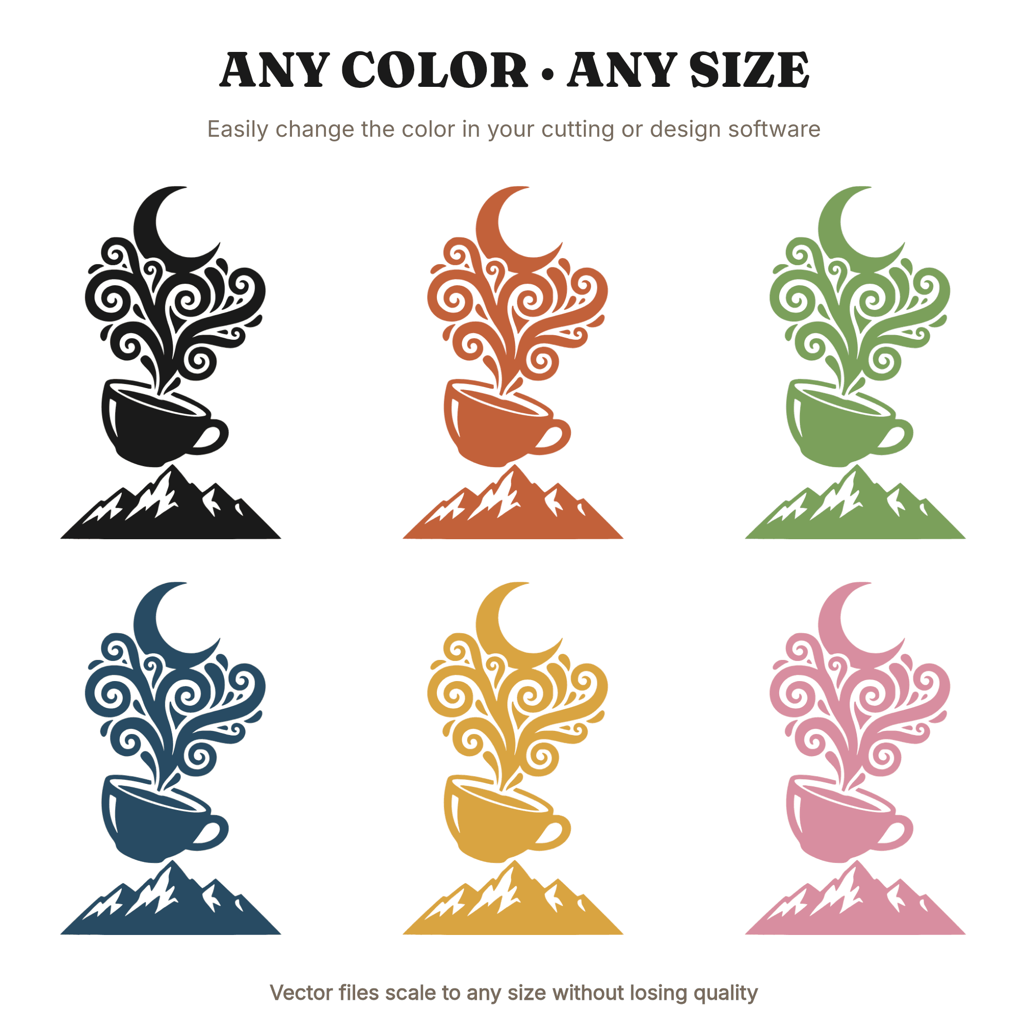 Tilted Coffee Cup SVG PNG, Celestial Steam Swirls, Boho Coffee Mug Cut File, Whimsical Cafe Design — view 2