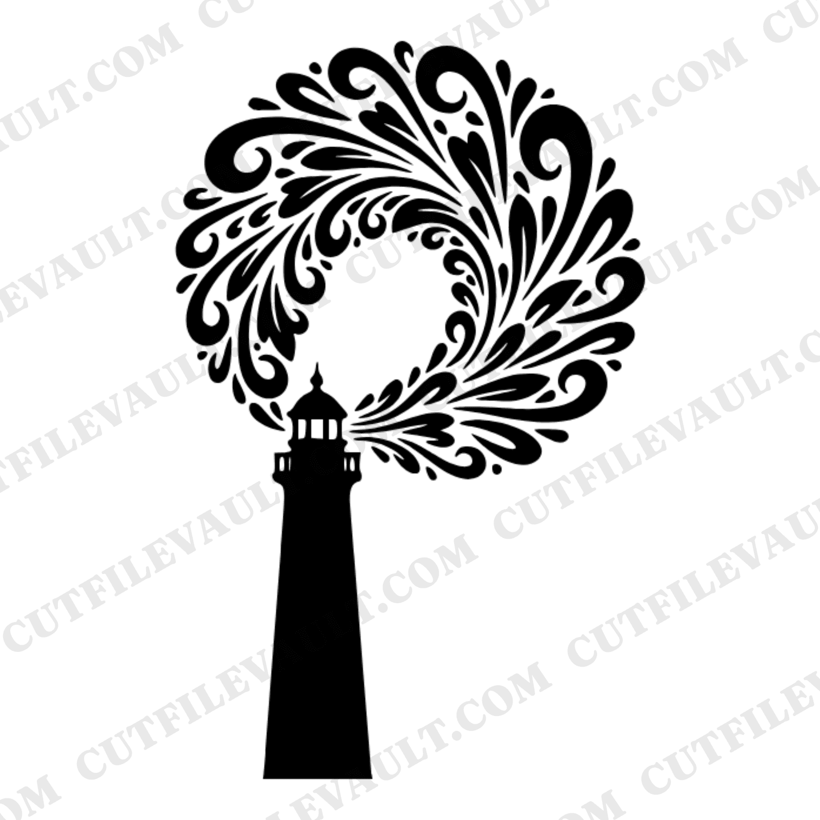Summer Solstice Lighthouse SVG PNG, Vintage Botanical Coastal Cut File, Spiral Light Beam Silhouette — view 1