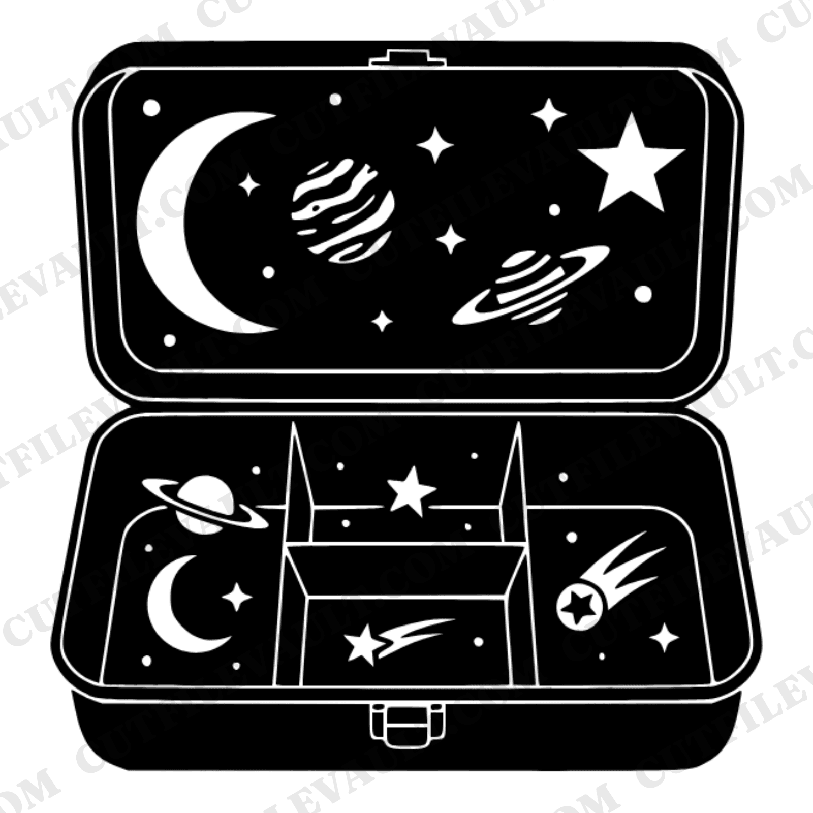 Vintage Lunchbox SVG PNG, Celestial Lunchbox Opened Flat Cut File, Retro School Mystical Design — view 1