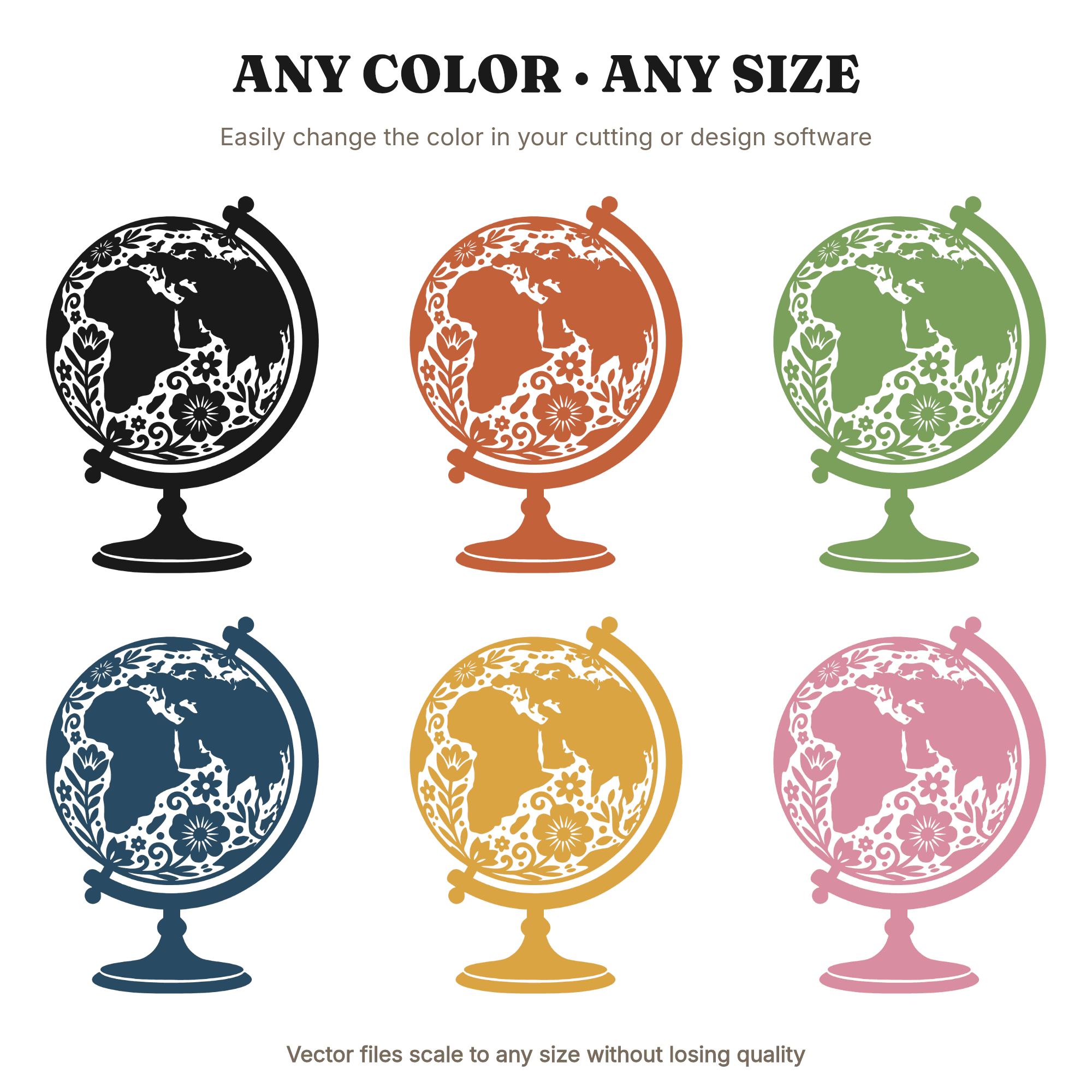 Folk Art Globe SVG PNG, Vintage Botanical Papercut Desktop Globe on Stand, Back to School Cut File — view 2