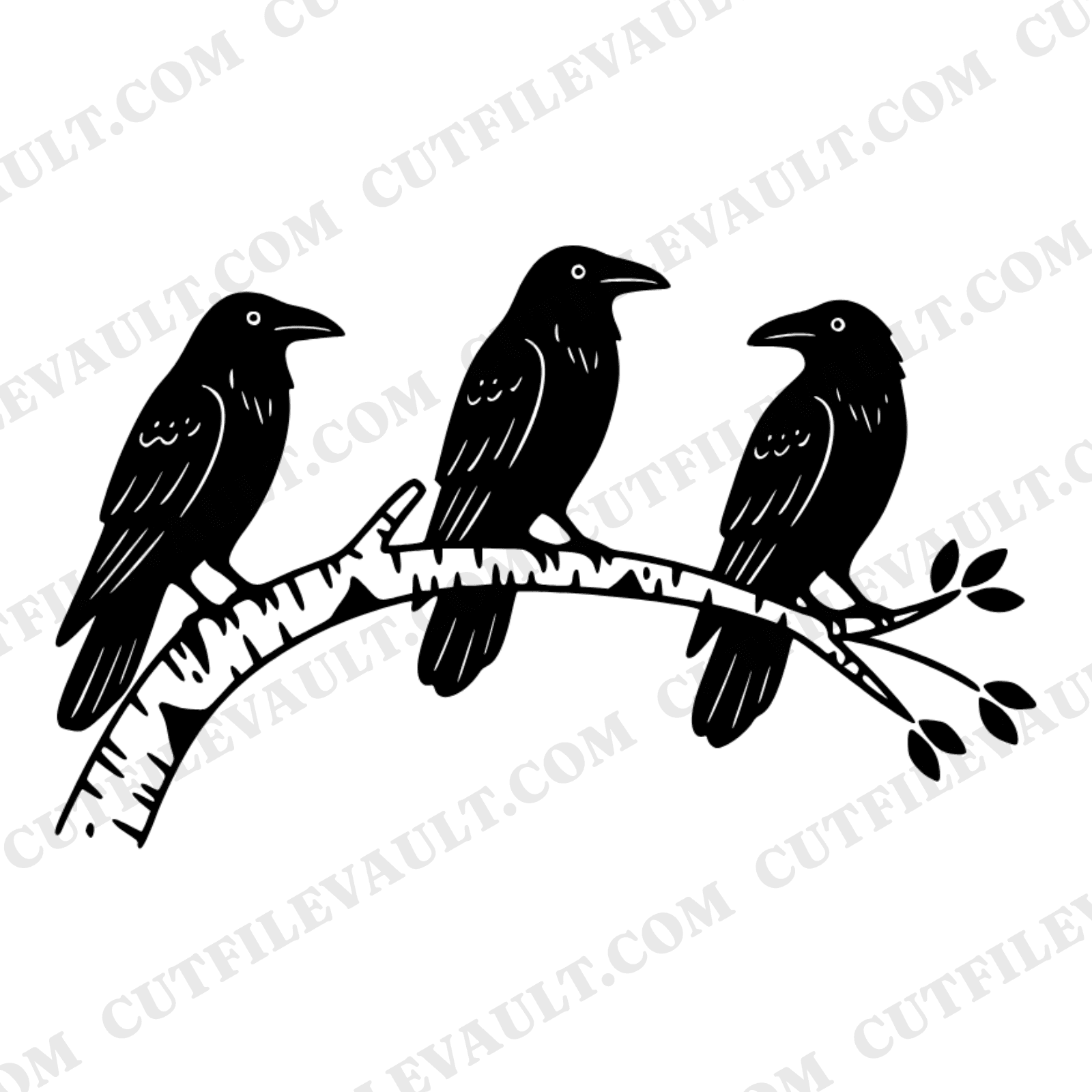 Crescent Birch Branch with Three Ravens SVG PNG, Scandinavian Halloween Cut File, Nordic Folk Art — view 1