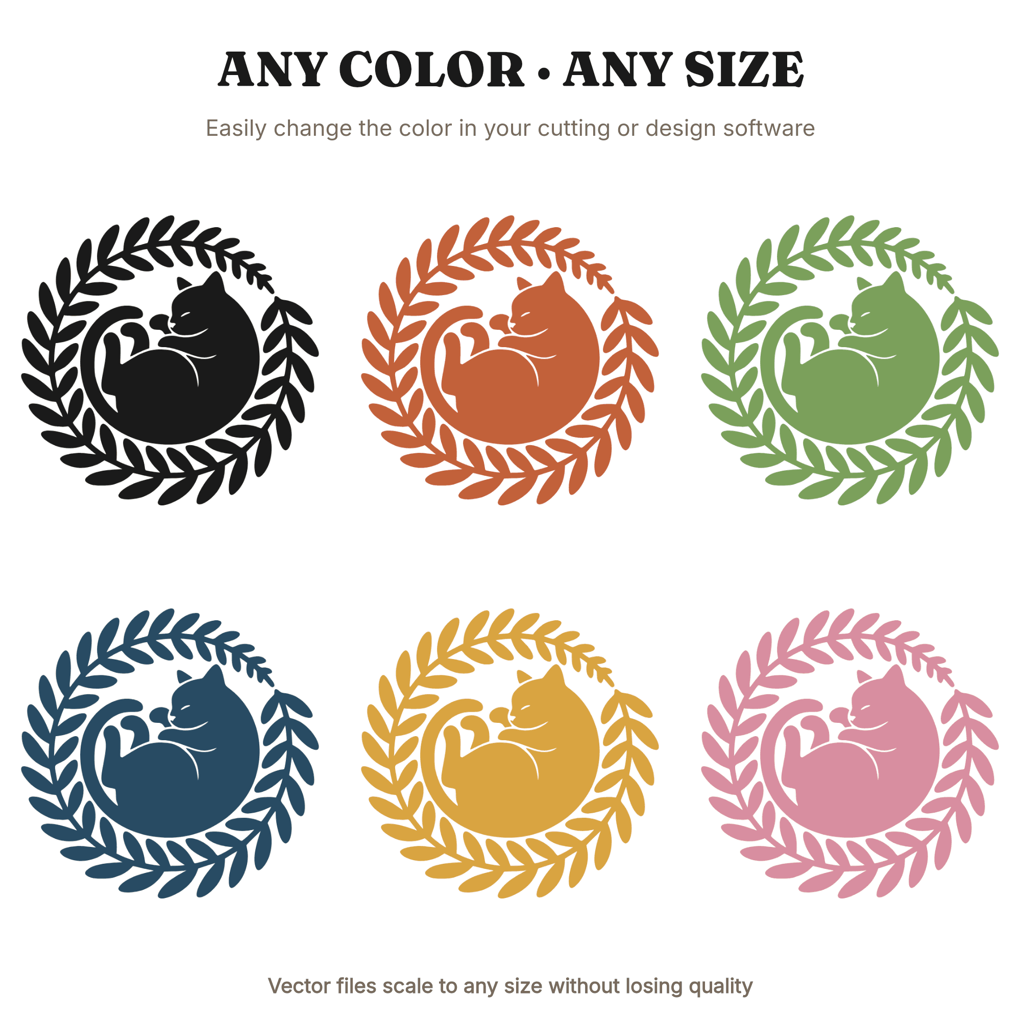 Sleeping Cat Fern Frond SVG PNG, Retro 70s Boho Woodland Cat Circle Cut File, Cottagecore Design — view 2