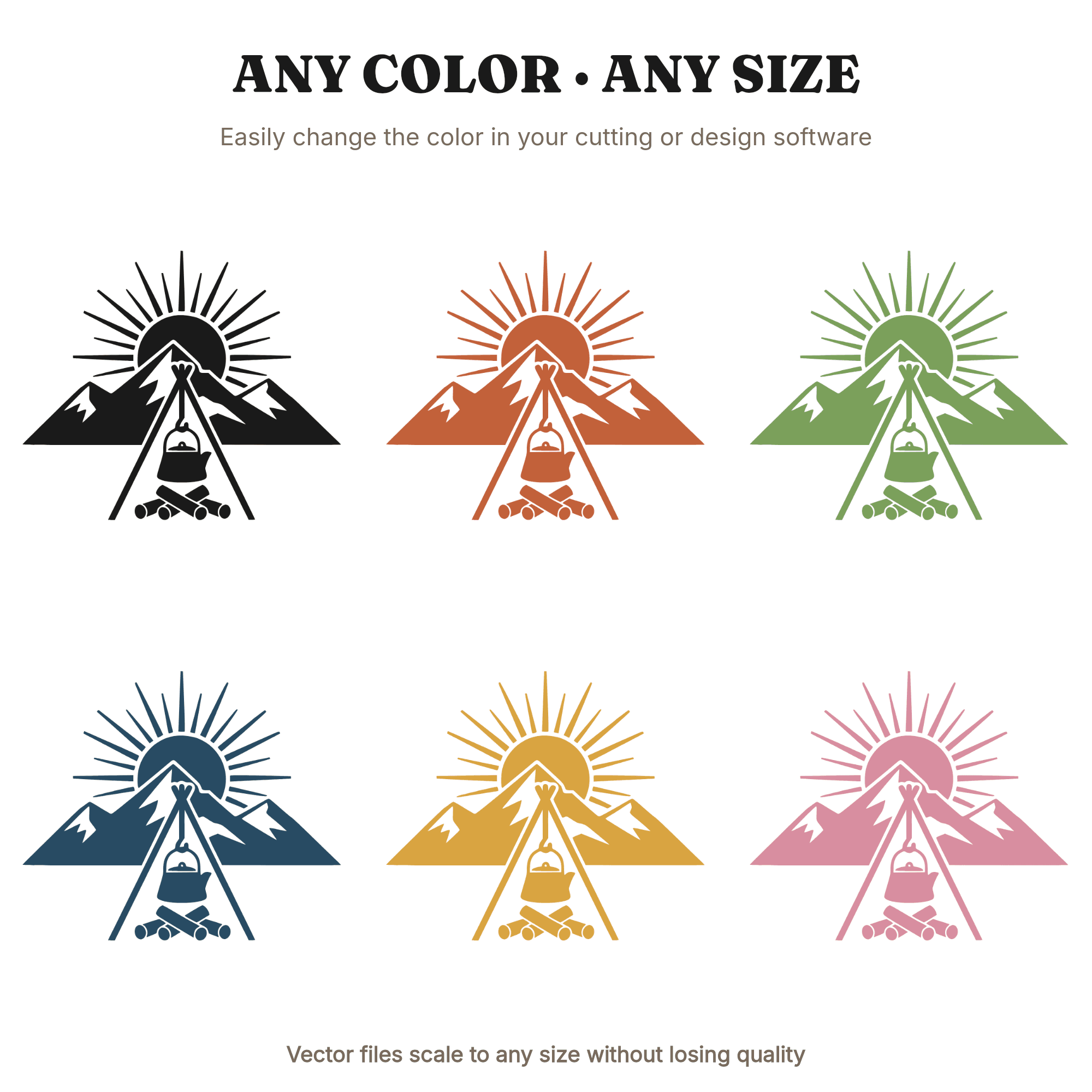 Vintage Campfire Tripod Kettle SVG PNG, Art Deco Mountain Sunrise Camping Cut File Silhouette — view 2