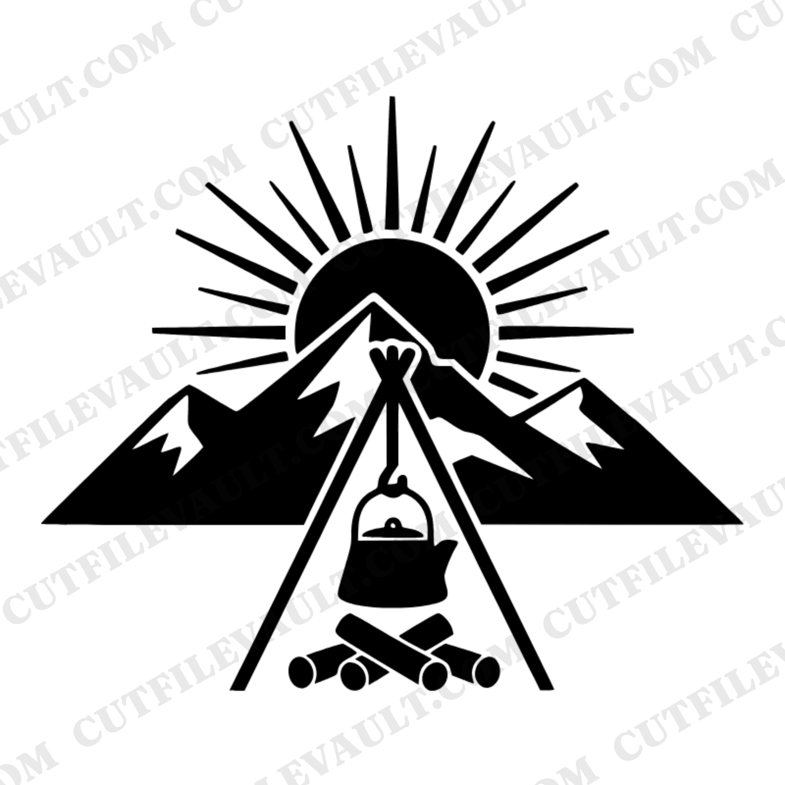 Vintage Campfire Tripod Kettle SVG PNG, Art Deco Mountain Sunrise Camping Cut File Silhouette — view 1