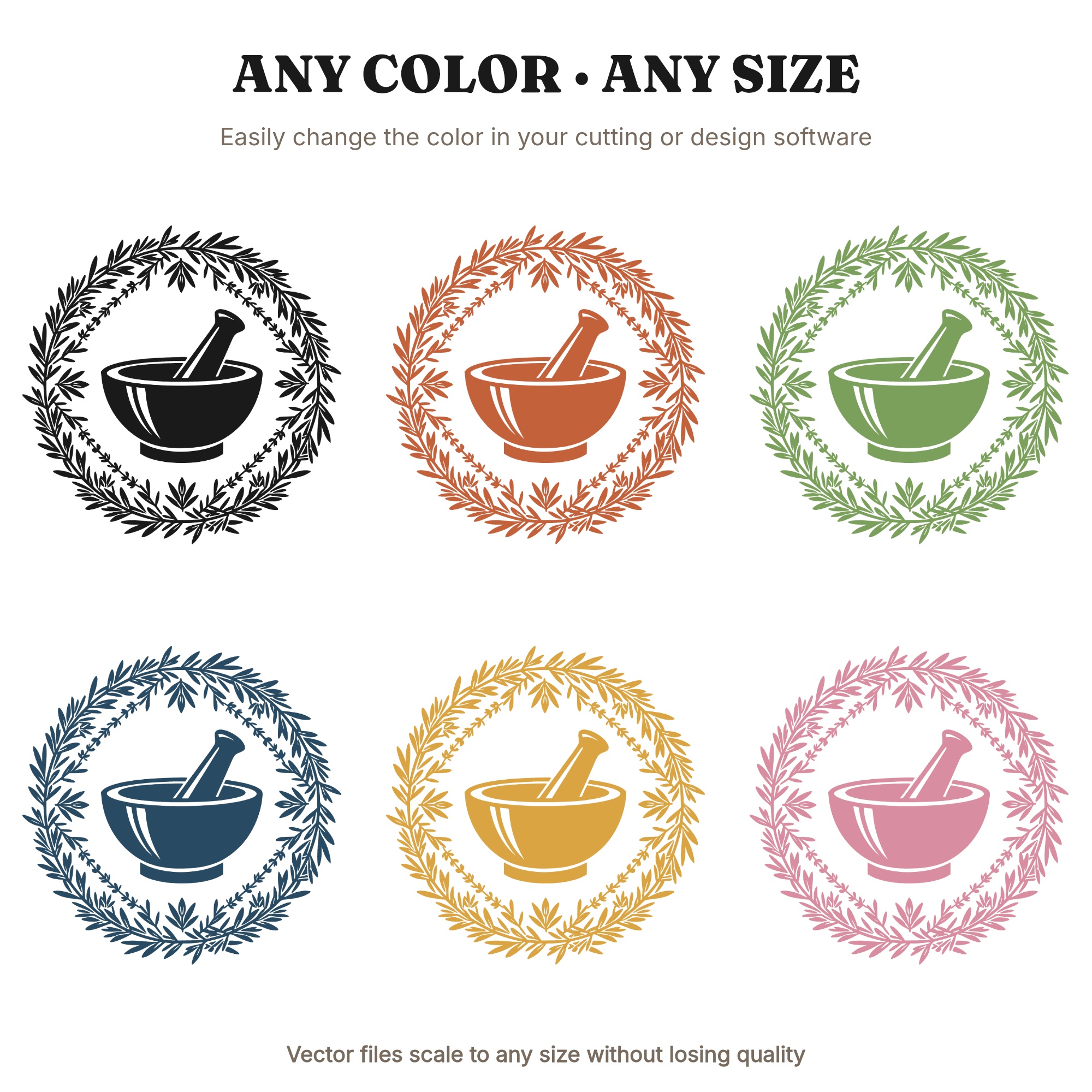 Art Deco Mortar and Pestle SVG PNG, Herb Wreath Top View, Kitchen Witch Apothecary Botanical Cut File — view 2