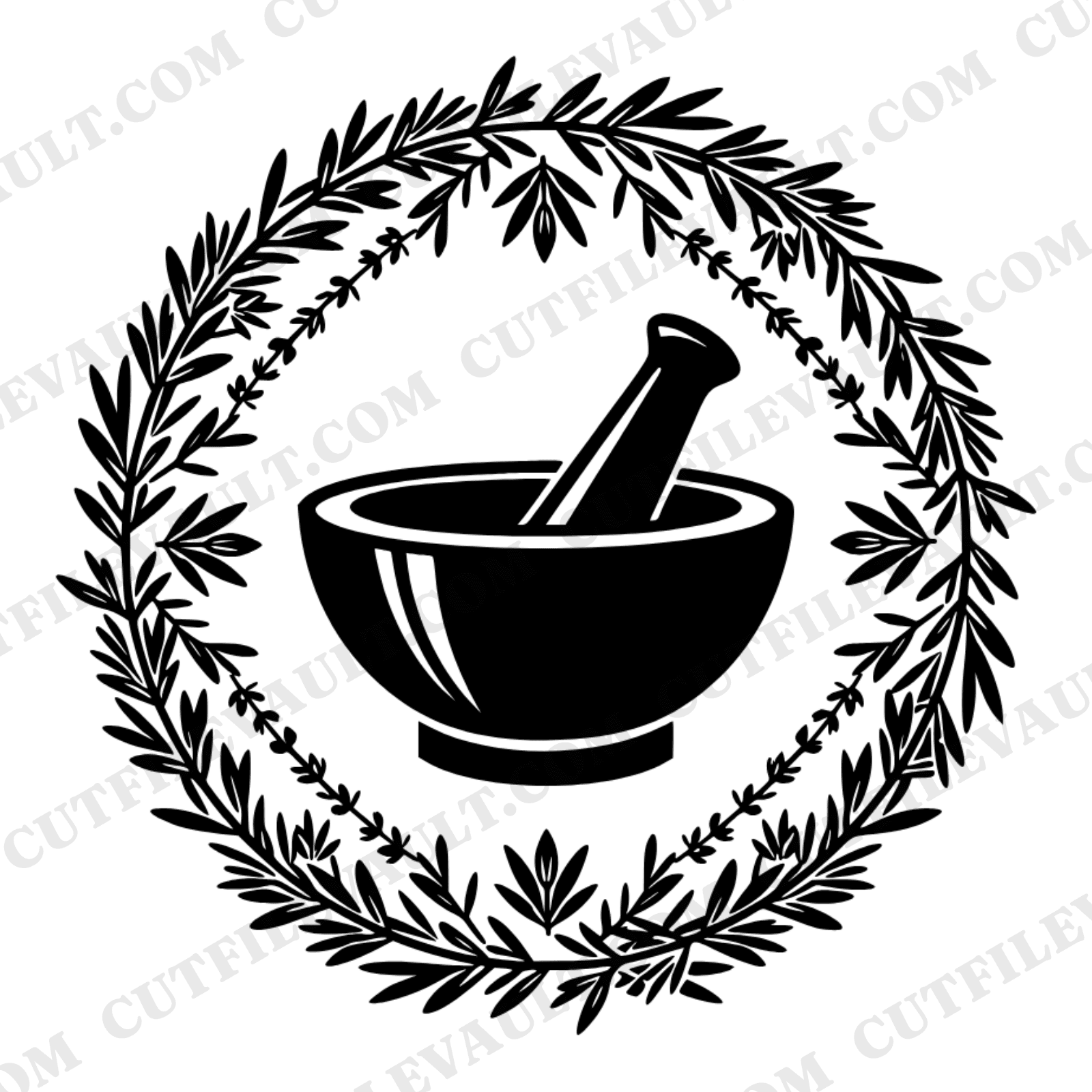 Art Deco Mortar and Pestle SVG PNG, Herb Wreath Top View, Kitchen Witch Apothecary Botanical Cut File — view 1