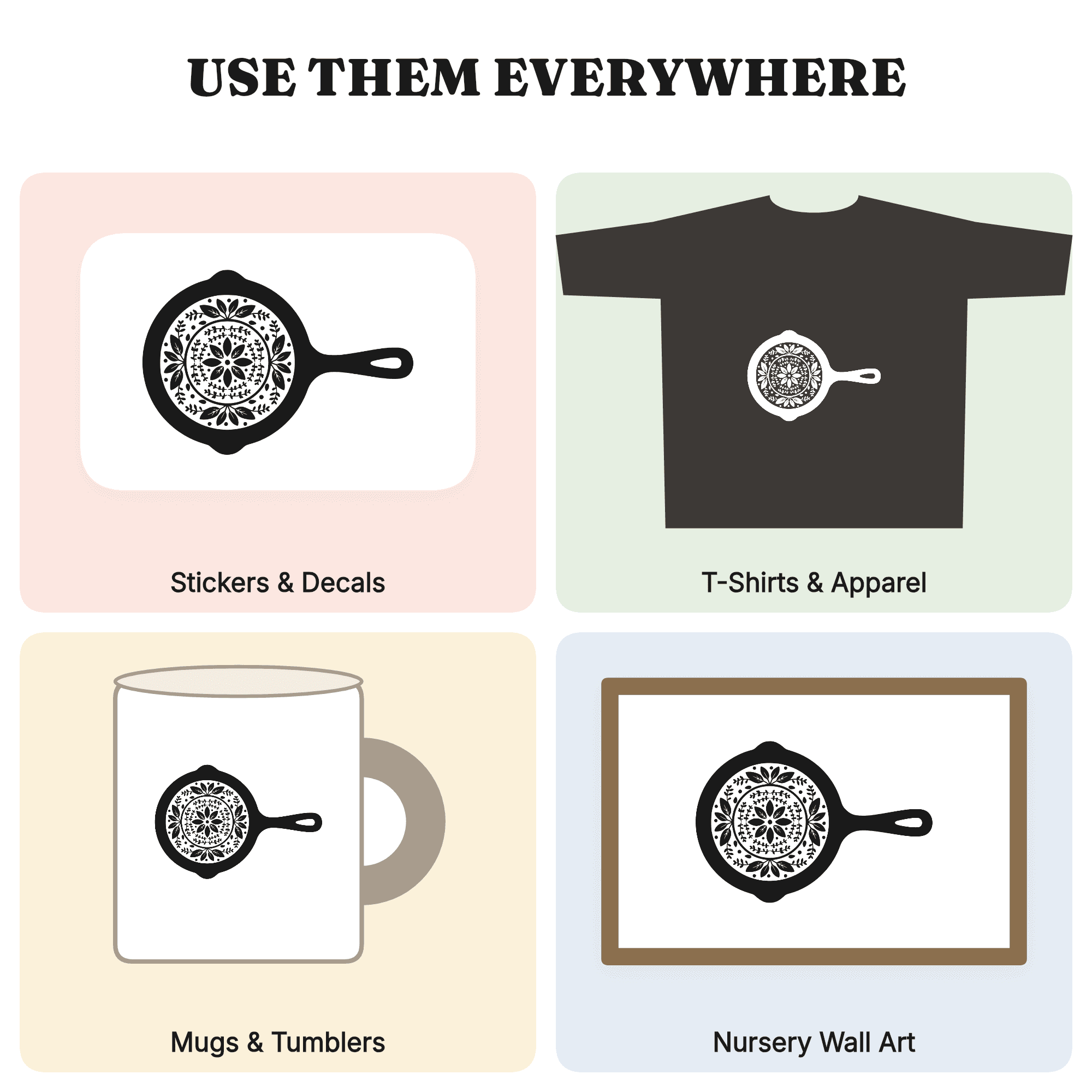 Kitchen Witch Herb Mandala Cast Iron Skillet SVG PNG, Retro 70s Botanical Cooking Cut File — view 3