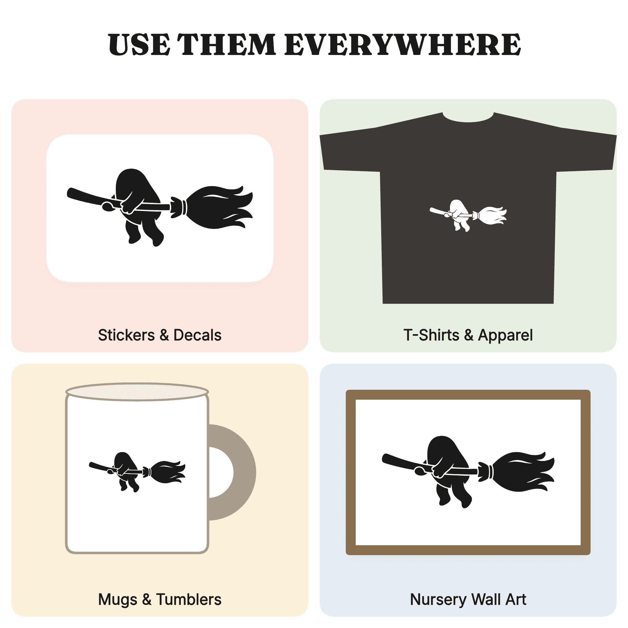 Kawaii Witch Broom SVG PNG, Flying Broomstick Character Cut File, Halloween Cute Silhouette Design — view 3