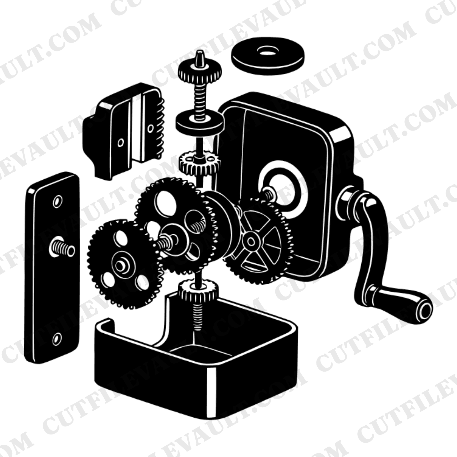 Vintage Pencil Sharpener SVG PNG Exploded View Steampunk Gears Mechanical Diagram Cut File — view 1