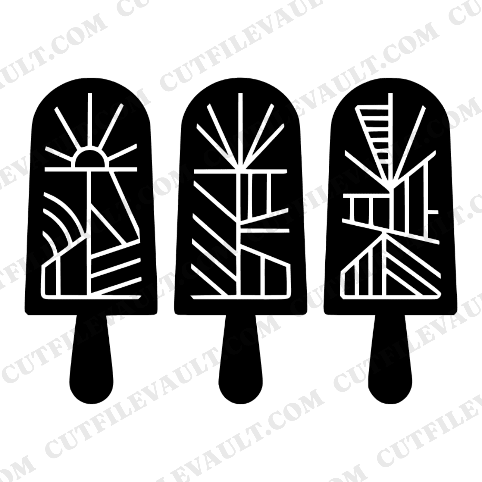 Art Deco Popsicle SVG PNG, Retro Ice Pop Trio Cut File, Vintage Ice Cream Stained Glass Design — view 1