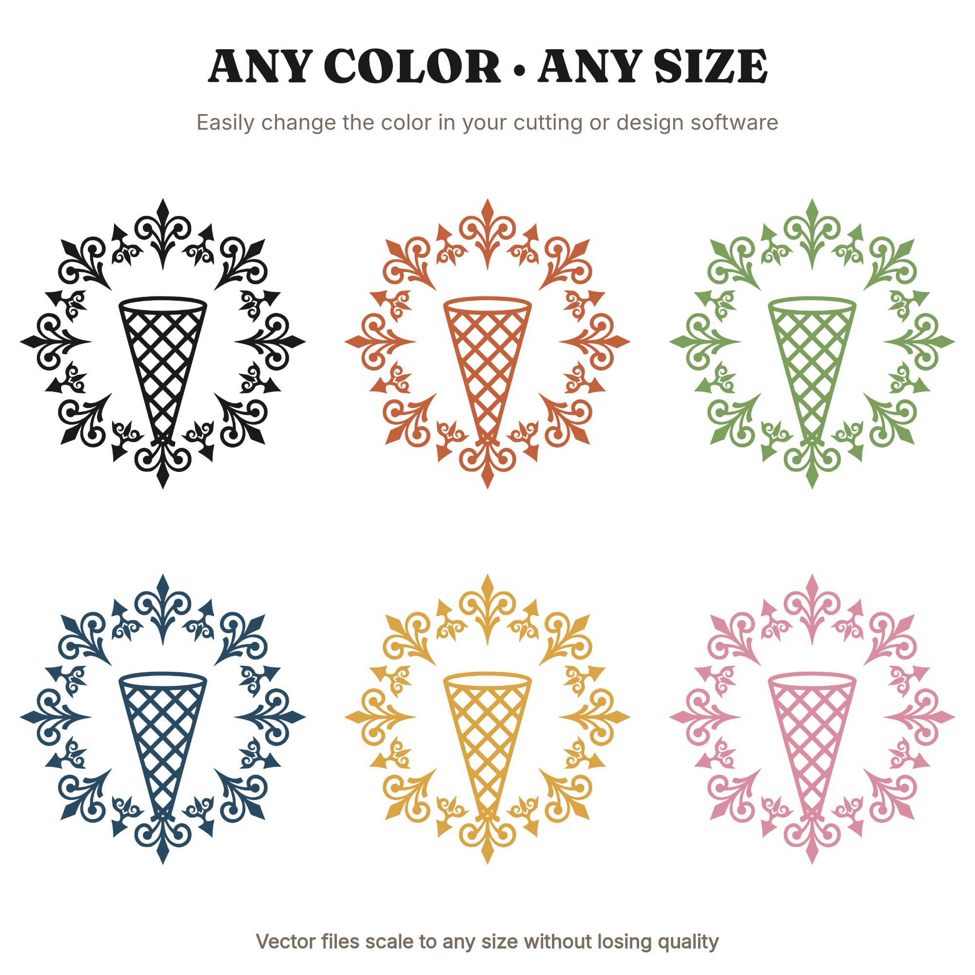 Baroque Waffle Cone SVG PNG, Ornamental Ice Cream Silhouette, Summer Celebration Cut File — view 2