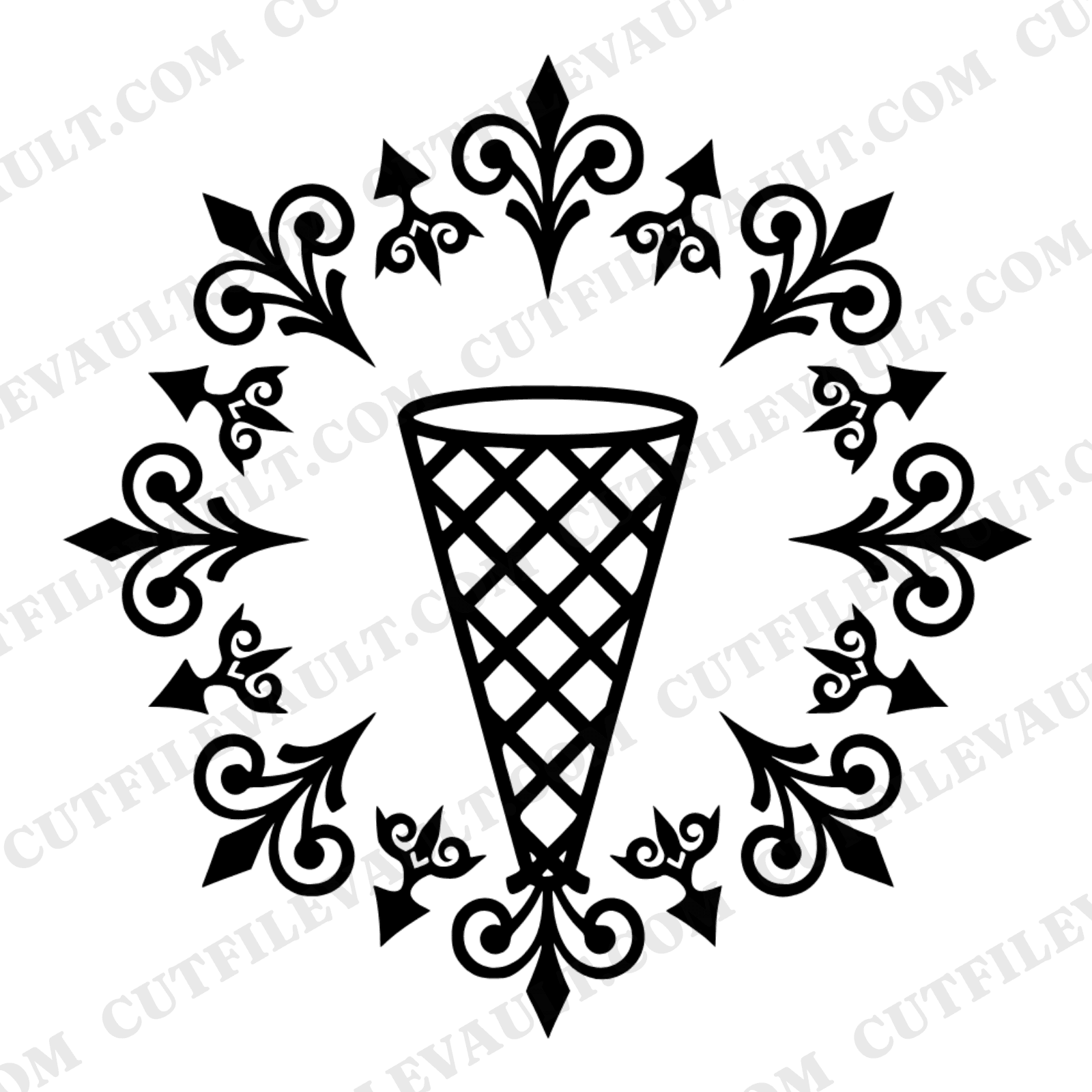 Baroque Waffle Cone SVG PNG, Ornamental Ice Cream Silhouette, Summer Celebration Cut File — view 1