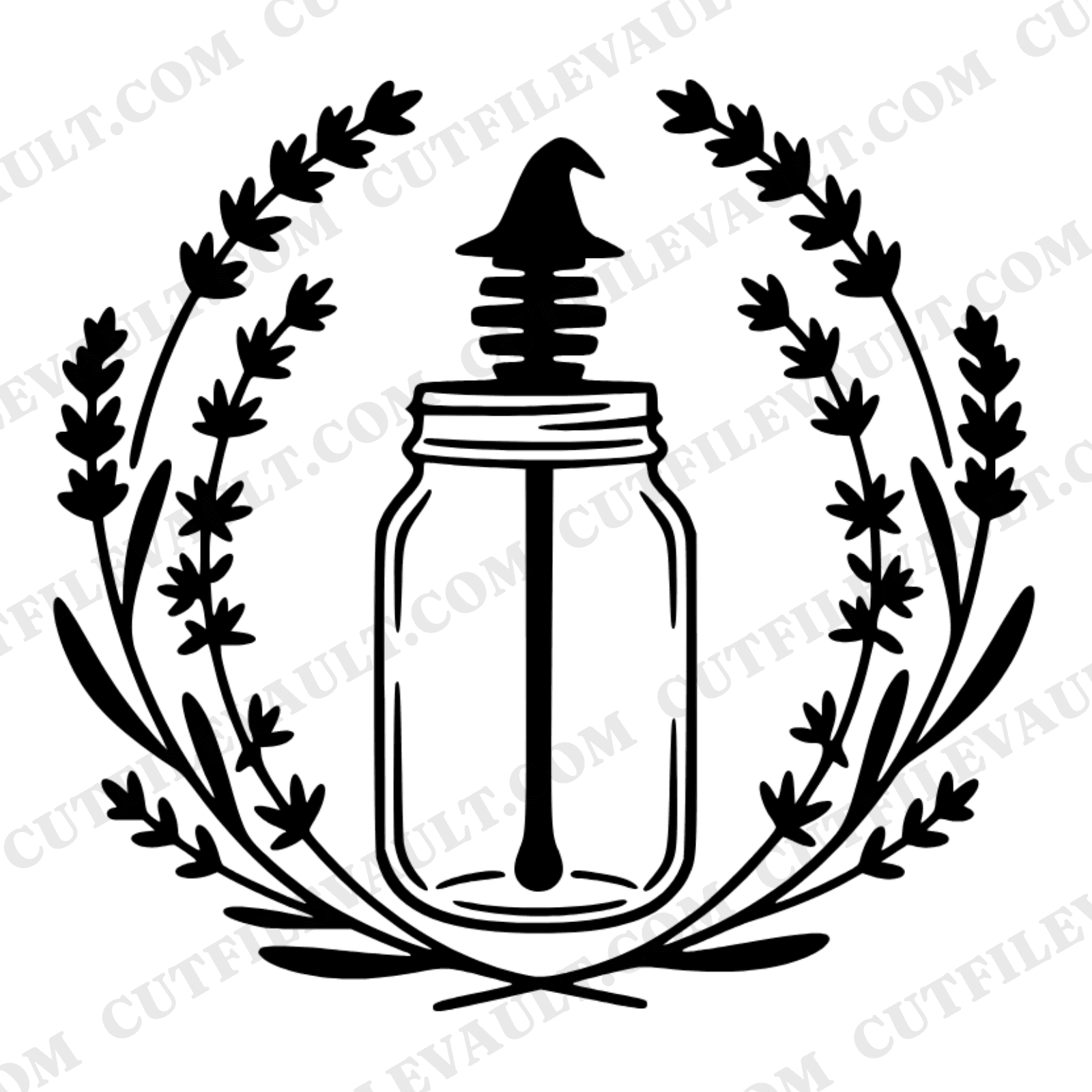 Kitchen Witch Honey Dipper SVG PNG, Botanical Wreath Cut File, Lavender Thyme Herb Design — view 1