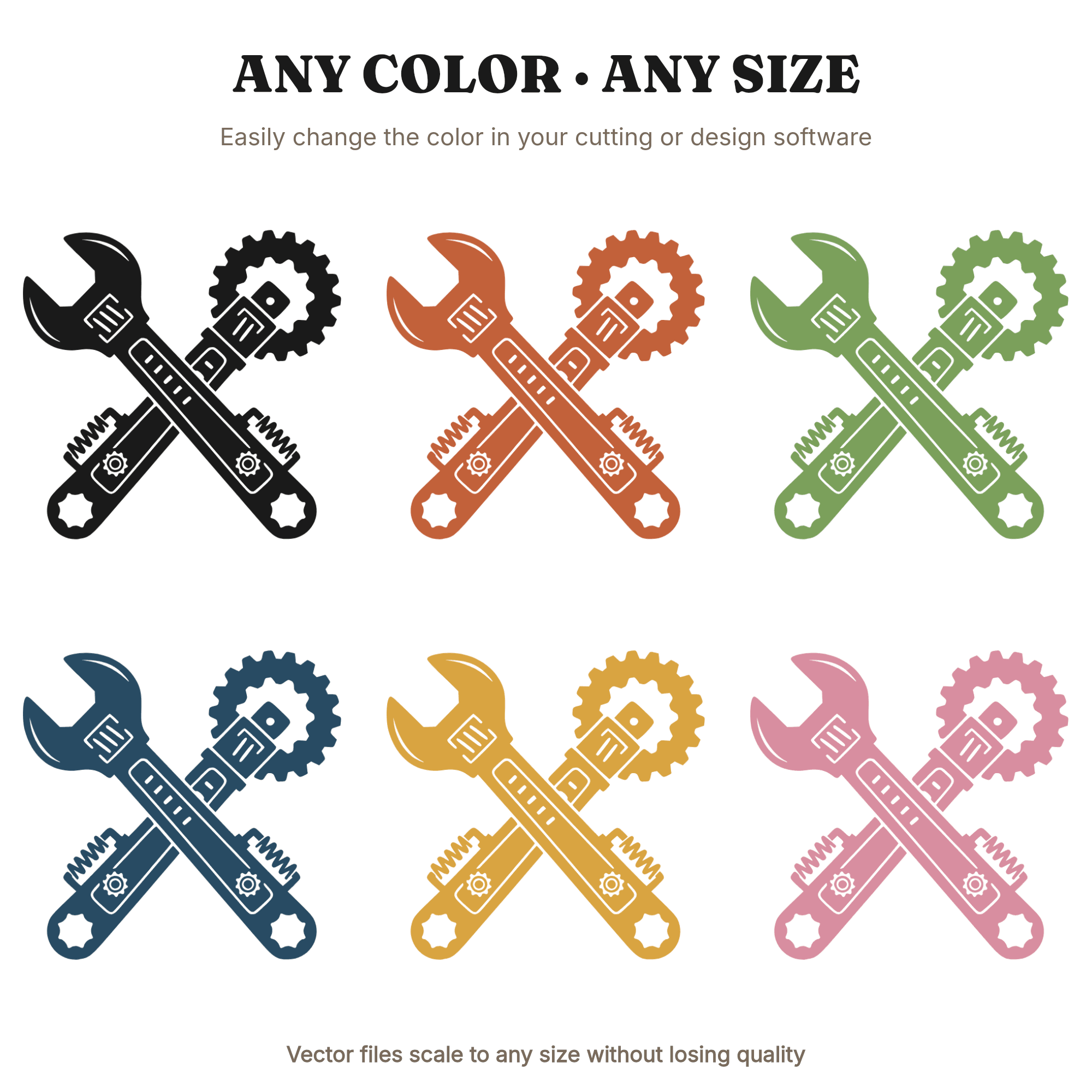 Crossed Steampunk Wrenches SVG PNG Labor Day Silhouette Retro 70s Industrial Mechanic Cut File — view 2