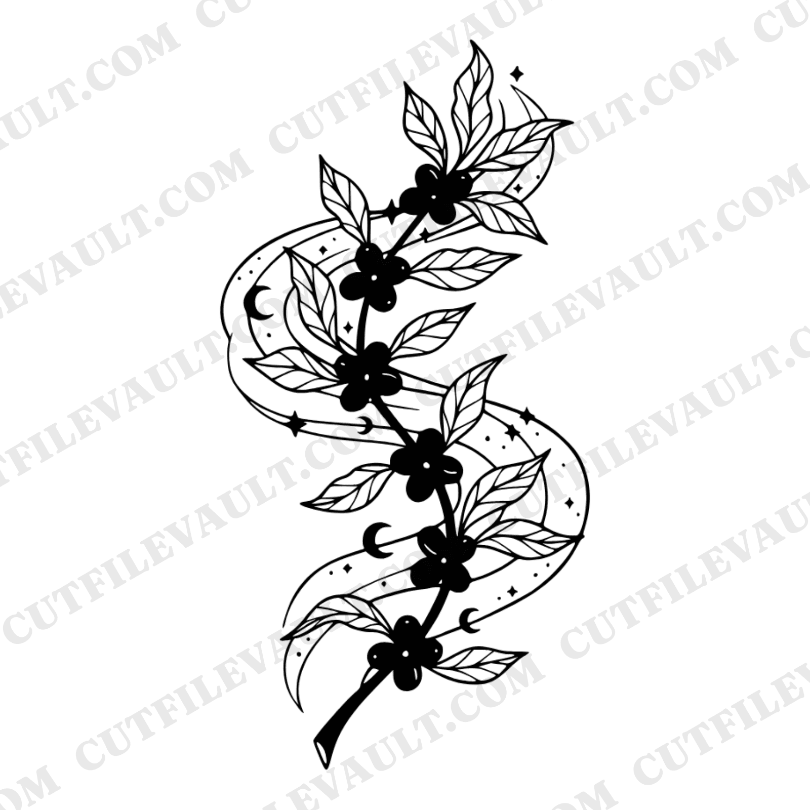 Mystical Coffee Branch SVG PNG, Celestial S Curve Coffee Plant, Coffee Cherries Leaves Cut File — view 1