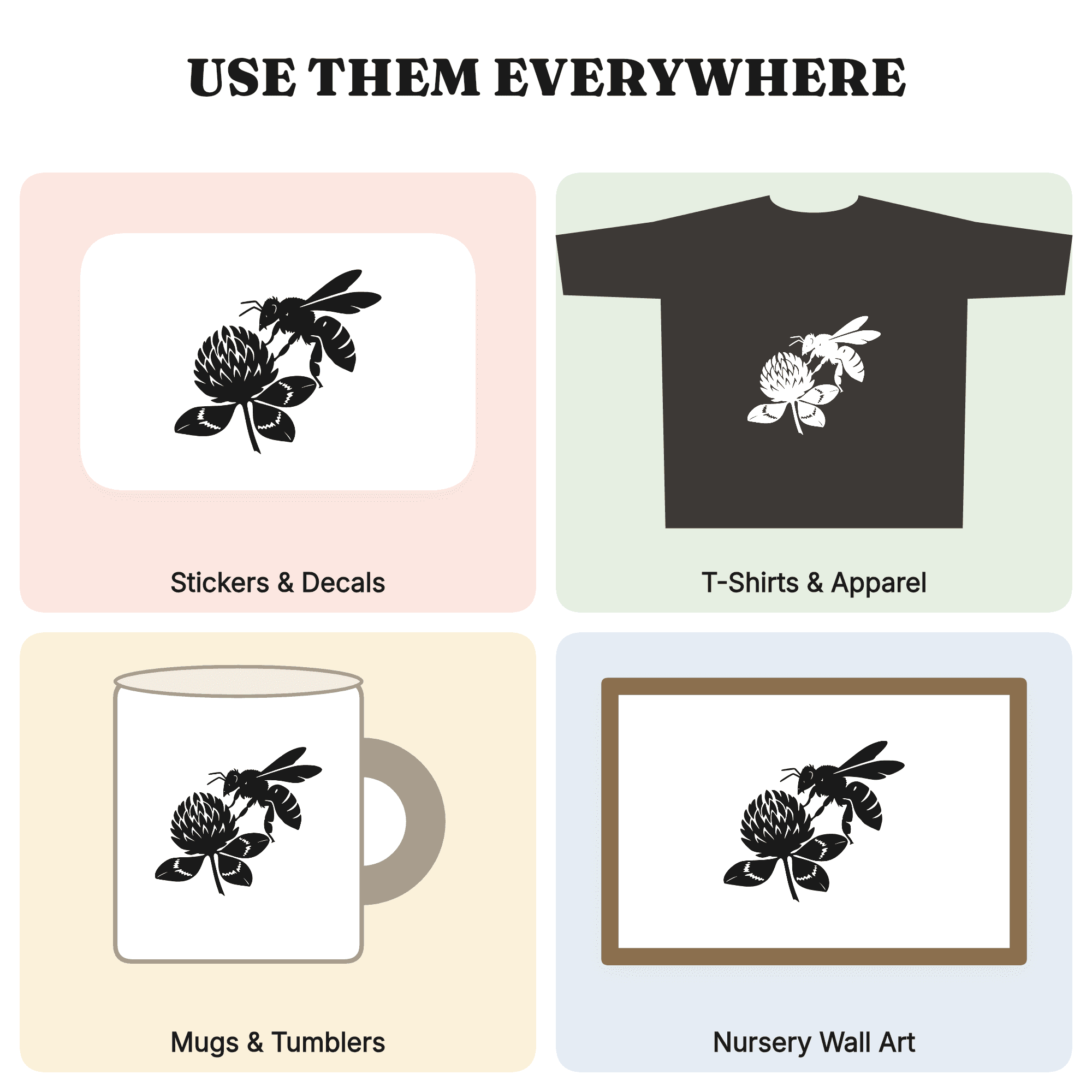 Honey Bee Landing on Clover SVG PNG, Abstract Bee Blossom Cut File, Pollinator Silhouette Design — view 3