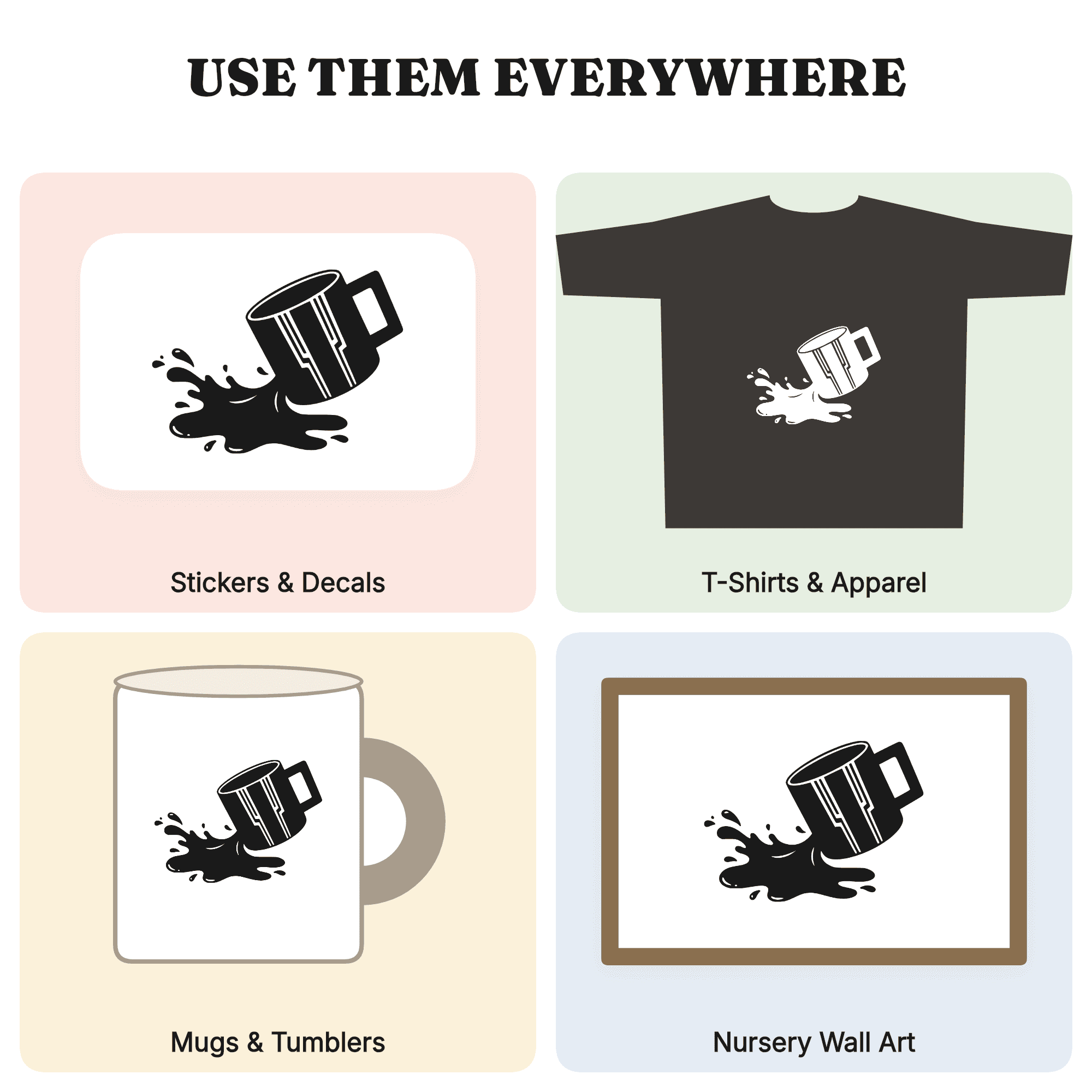 Art Deco Coffee Mug Splash SVG PNG, Tipped Coffee Cup Silhouette, National Coffee Day Cut File — view 3