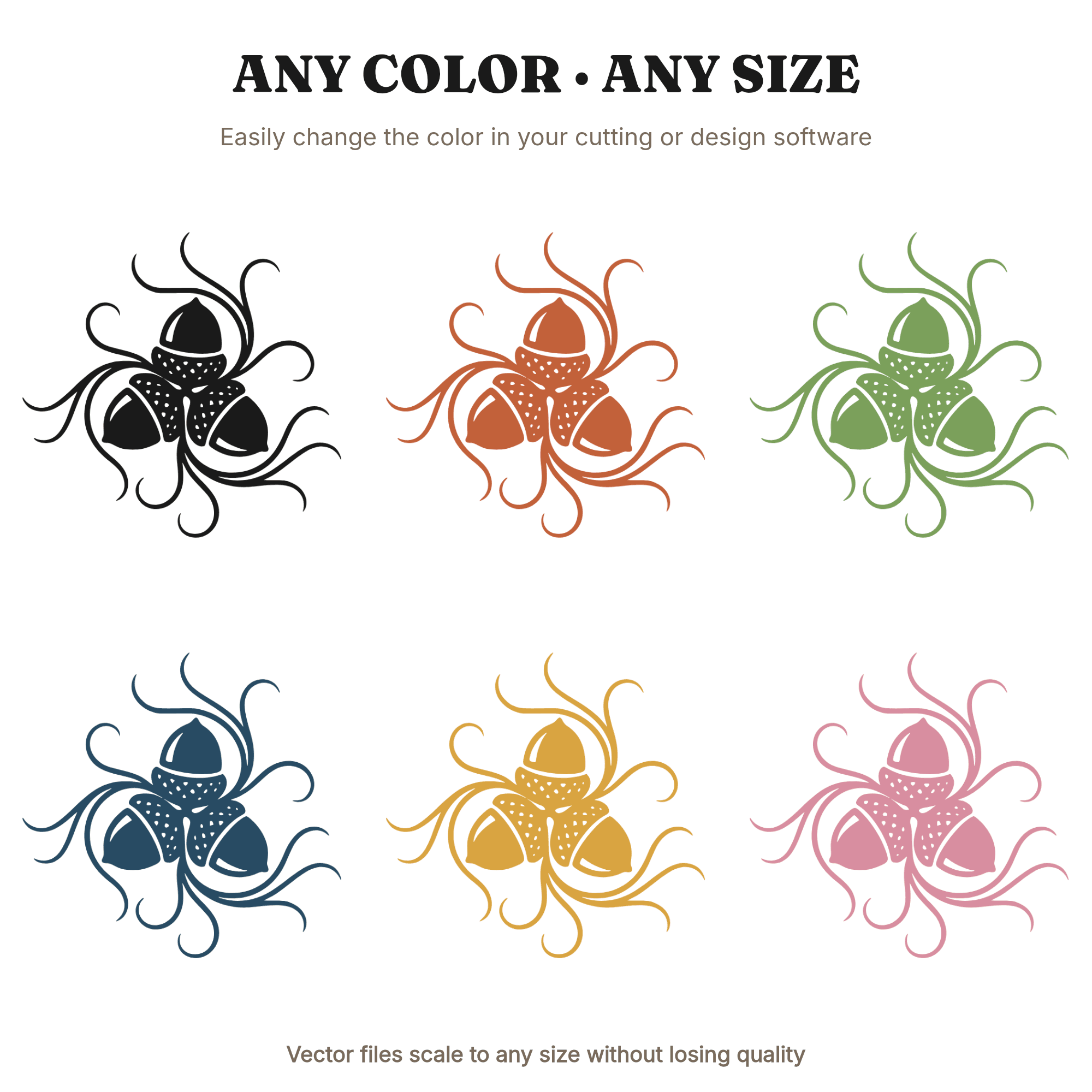 Autumn Acorn Trio SVG PNG, Abstract Fall Flourish Cut File, Organic Acorn Silhouette Design — view 2