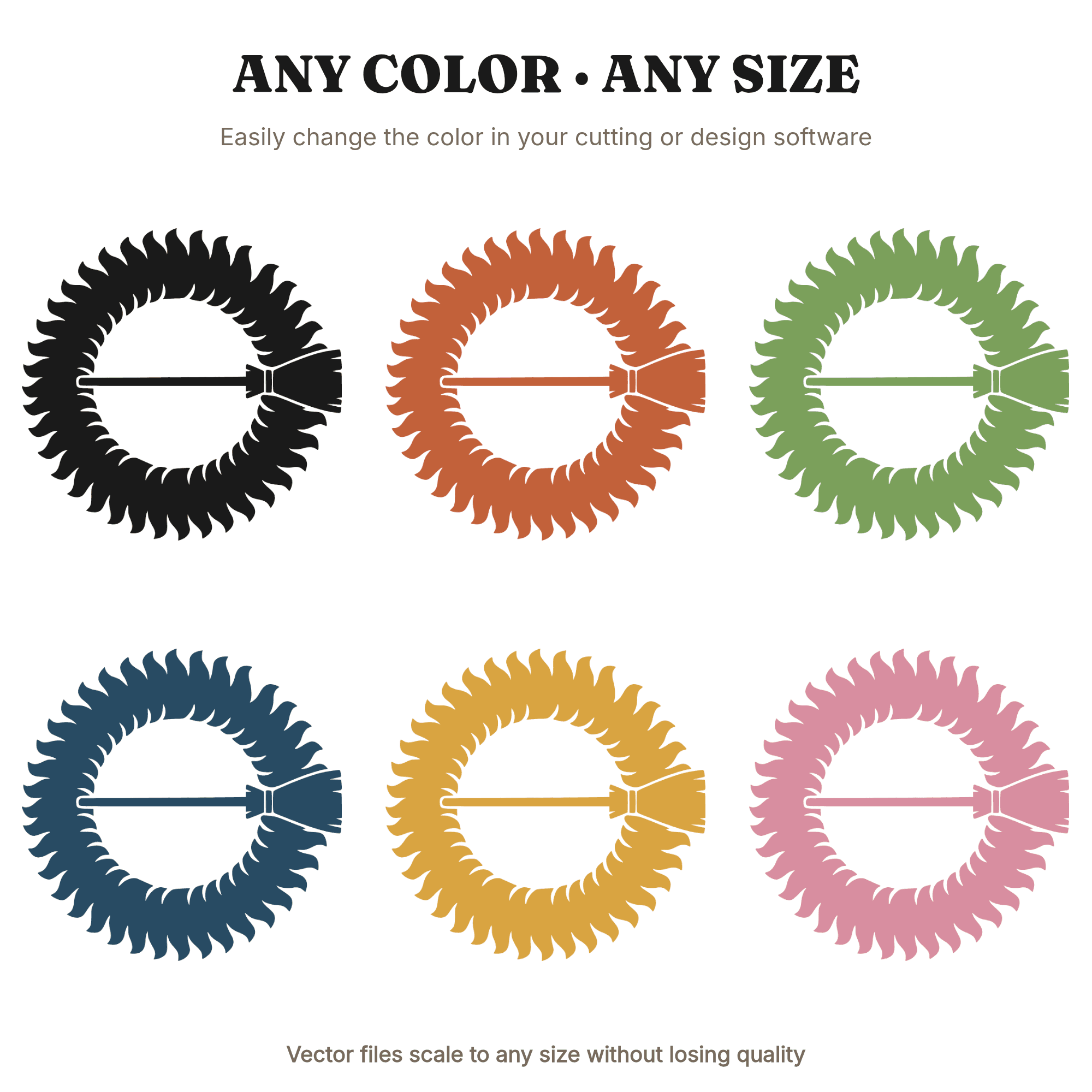 Retro Witch Broom Wreath SVG PNG, 70s Halloween Wreath Cut File, Vintage Witchy Decor Silhouette — view 2
