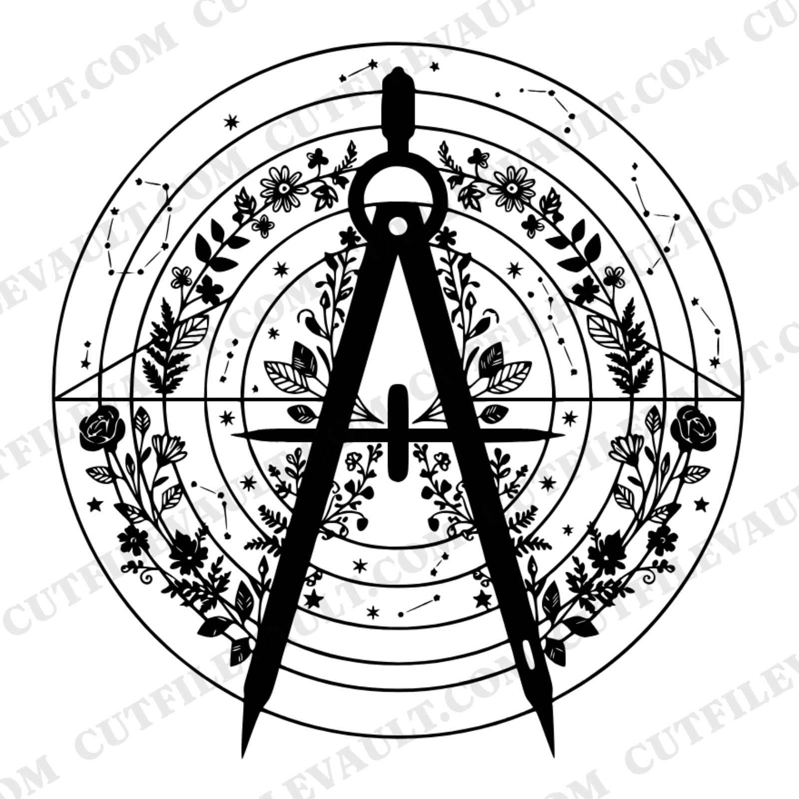 Celestial Compass SVG PNG, Floral Star Constellation Teacher Gift, Geometric Cottagecore Cut File — view 1