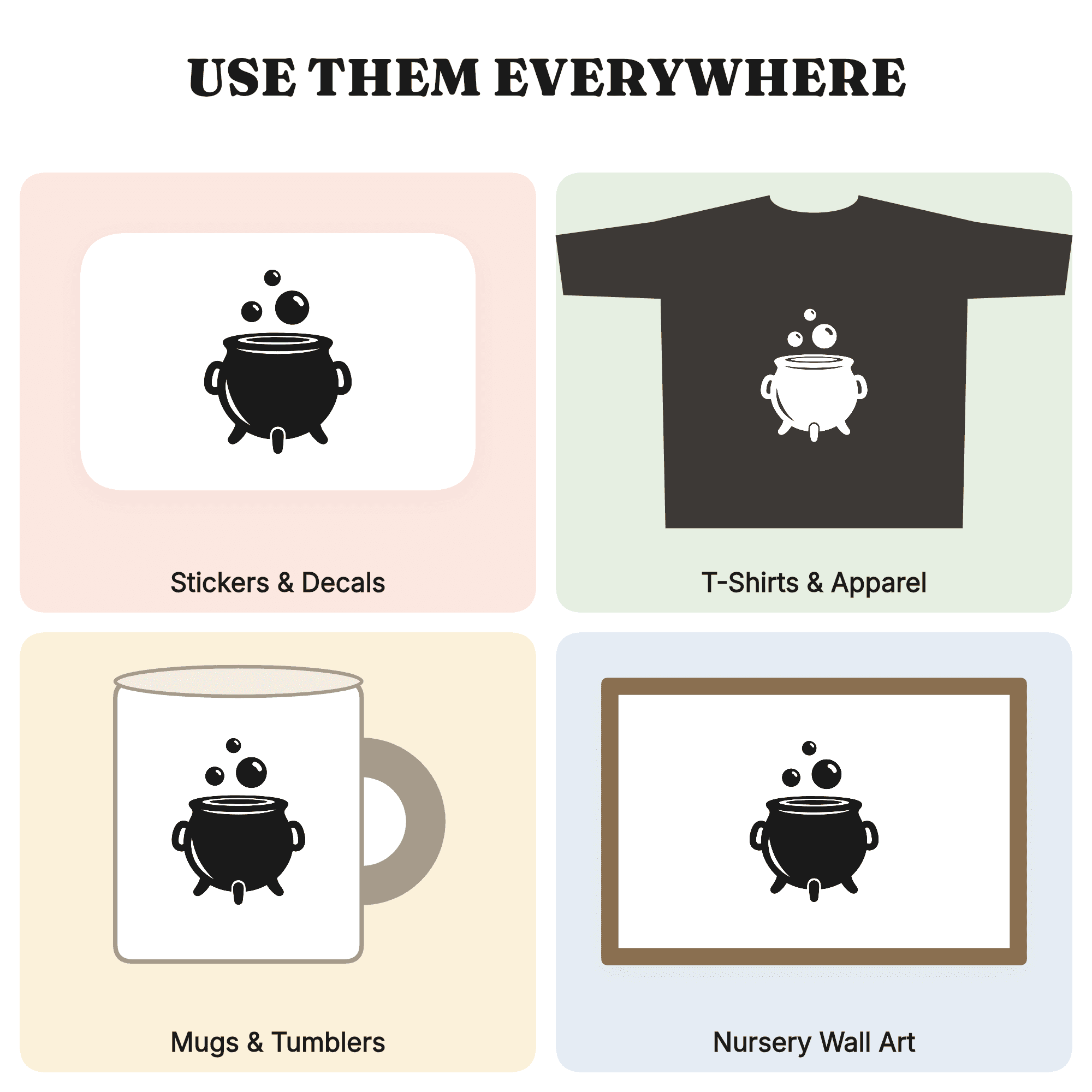 Kawaii Witch Cauldron SVG PNG, Halloween Bubbles Cut File, Cute Cauldron Silhouette Clipart — view 3