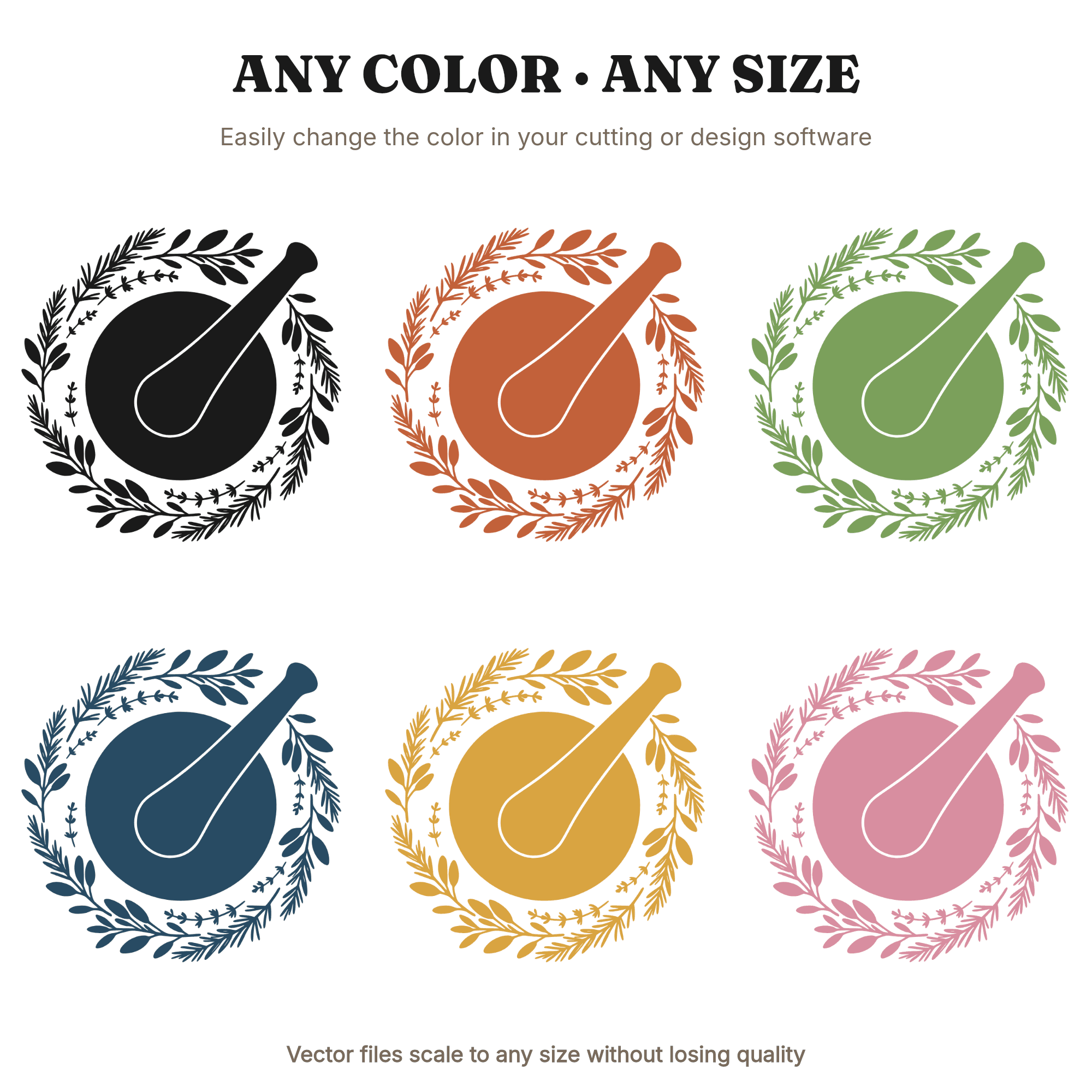 Mortar and Pestle SVG PNG, Herb Wreath Kitchen Witch Design, Boho Culinary Craft Cut File — view 2
