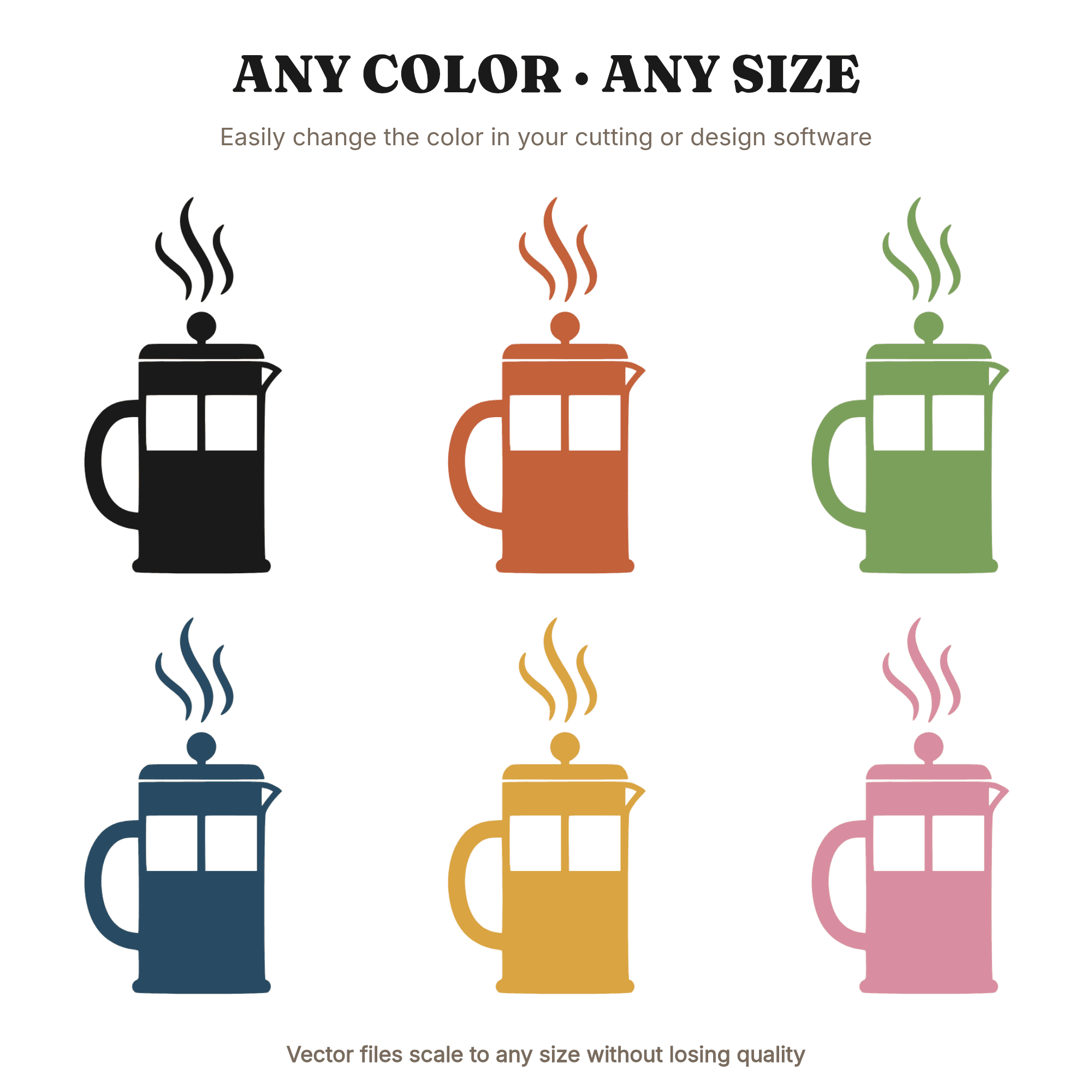 French Press SVG PNG Coffee Lover Cut File Mid Century Modern Steam Swirls National Coffee Day — view 2