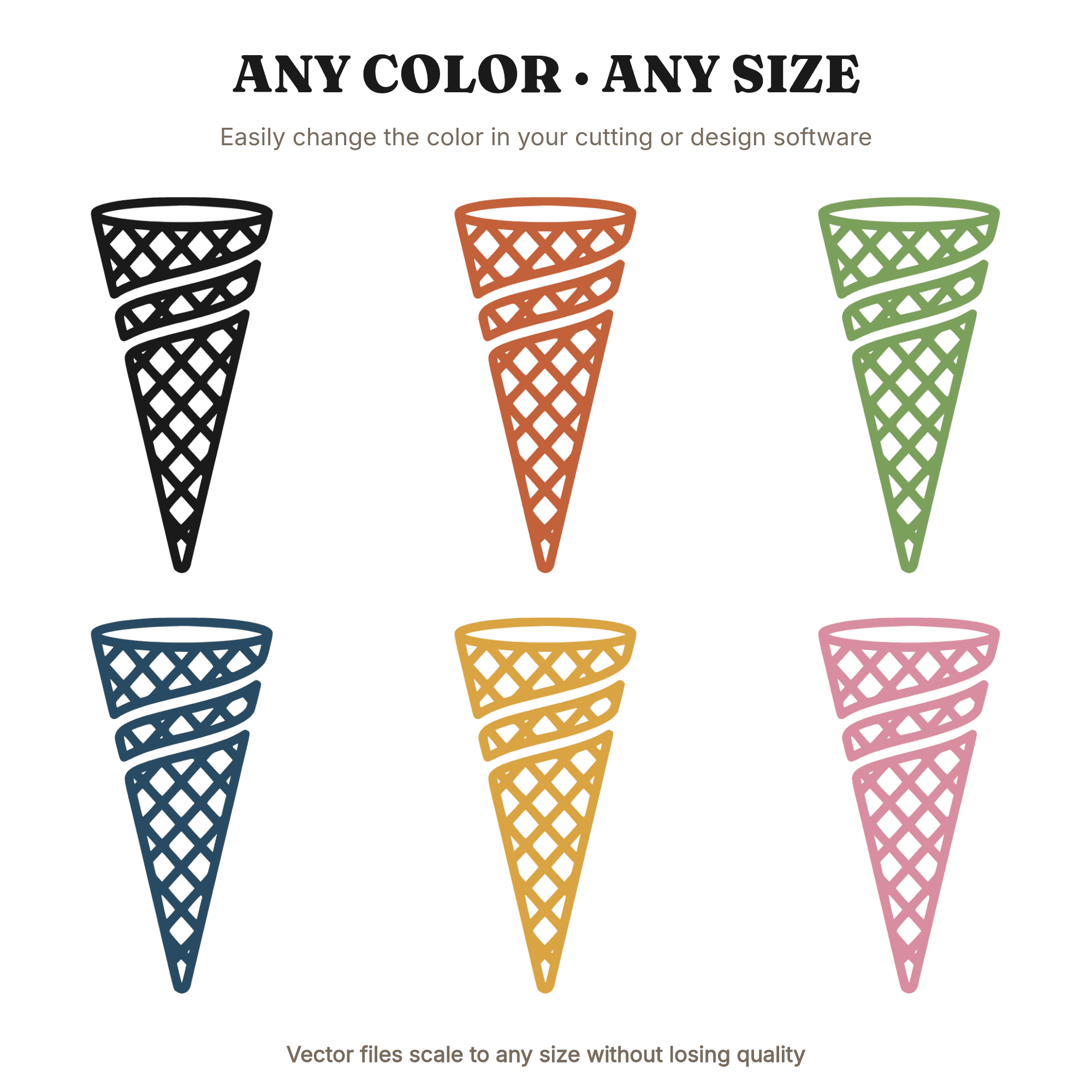 Waffle Cone SVG PNG, Geometric Ice Cream Cone Cut File, Crosshatch Spiral Design, Vinyl Decal — view 2