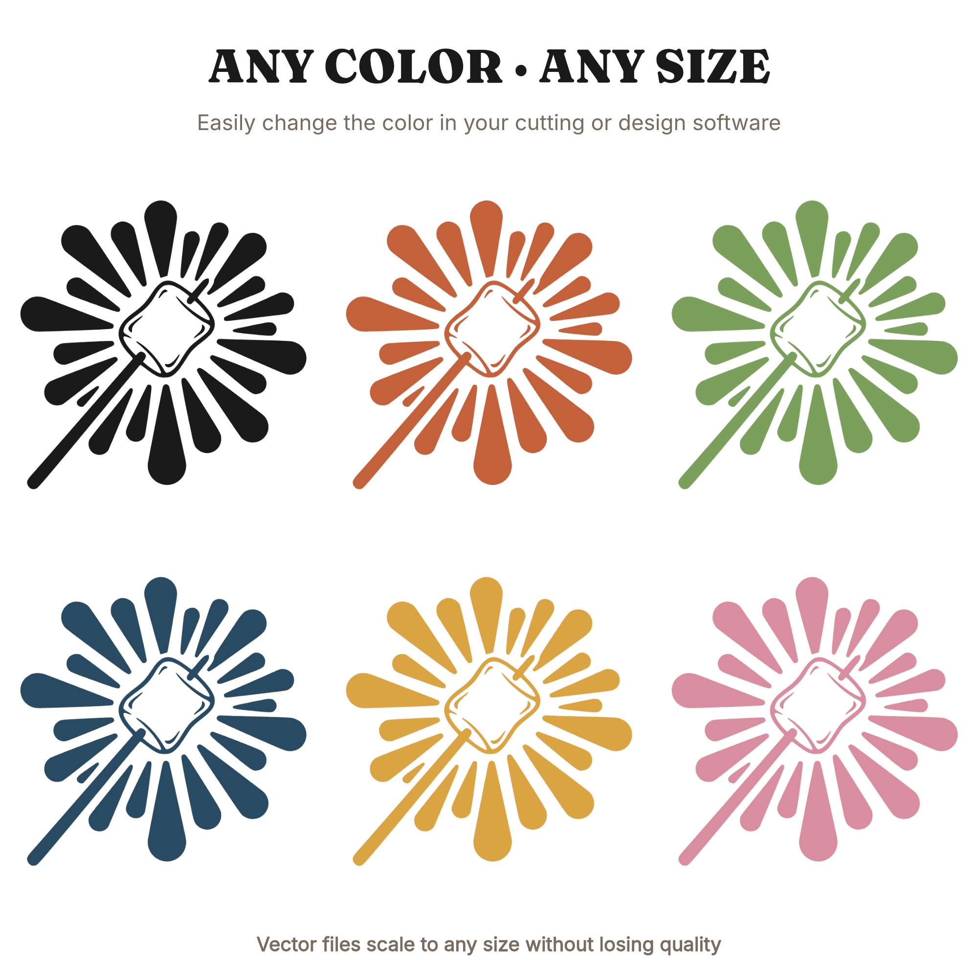 Vintage Botanical Marshmallow Roasting Stick SVG PNG, Retro S'mores Sunburst Flames Cut File — view 2