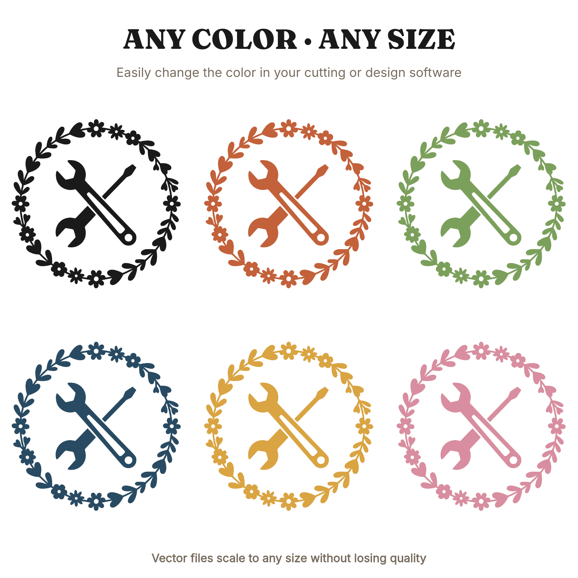 Labor Day Crossed Tools SVG PNG, Vintage Wrench Screwdriver Floral Wreath Cut File Cottagecore — view 2