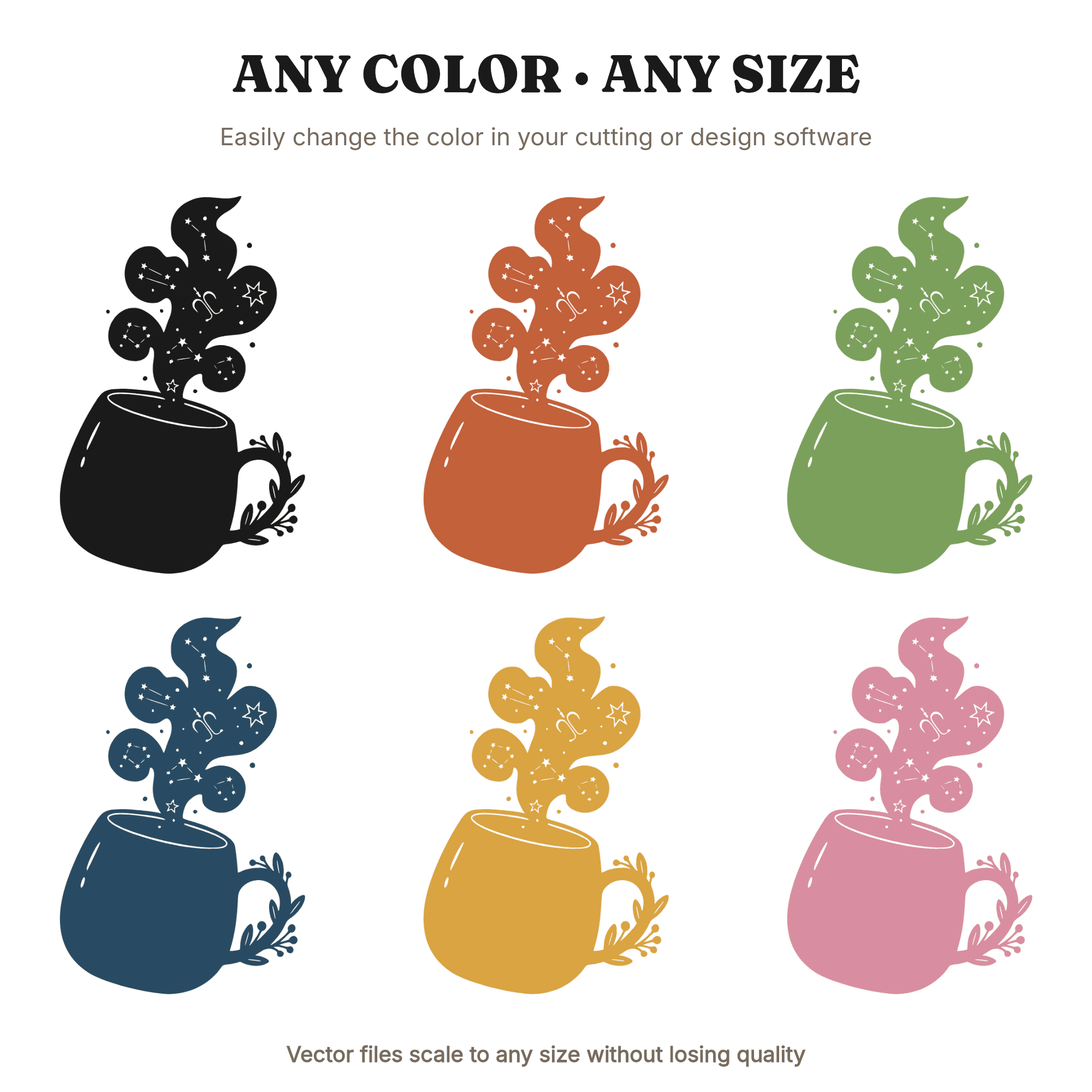 Tilted Coffee Mug SVG with Constellation Steam, Cottagecore Coffee Lover Cut File PNG — view 2