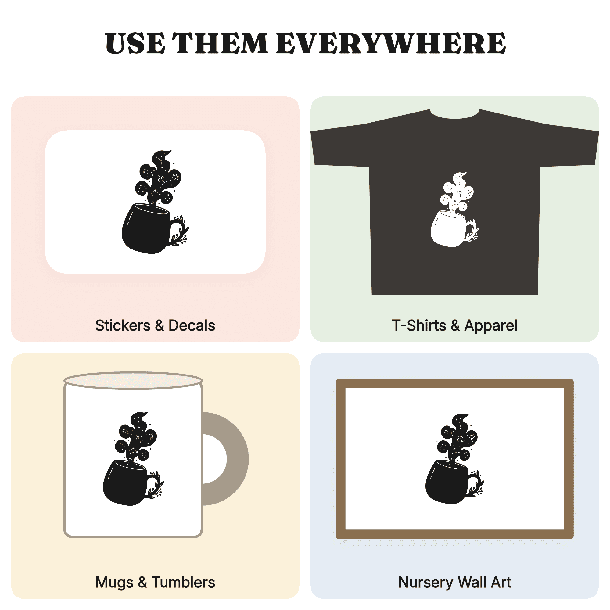 Tilted Coffee Mug SVG with Constellation Steam, Cottagecore Coffee Lover Cut File PNG — view 3