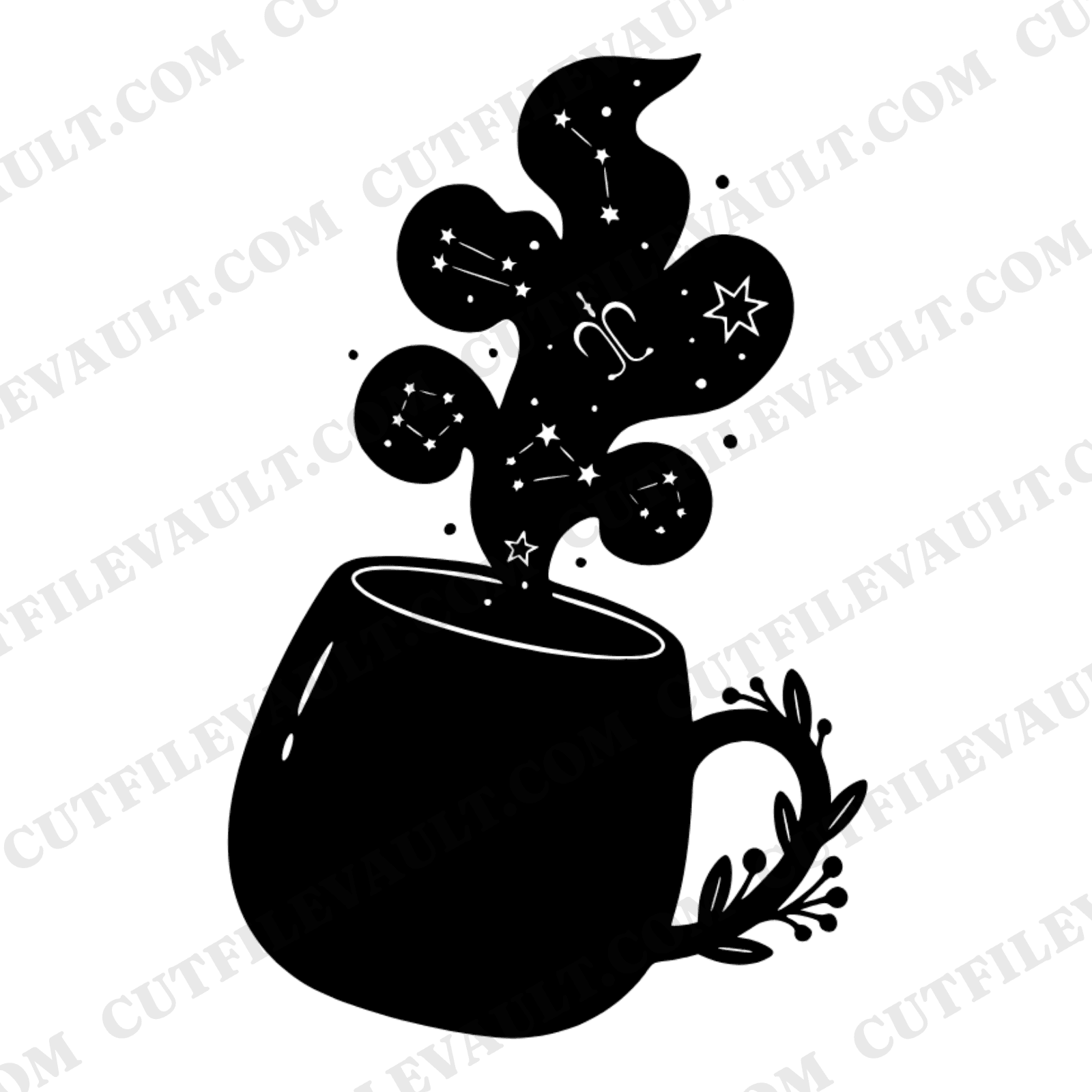Tilted Coffee Mug SVG with Constellation Steam, Cottagecore Coffee Lover Cut File PNG — view 1