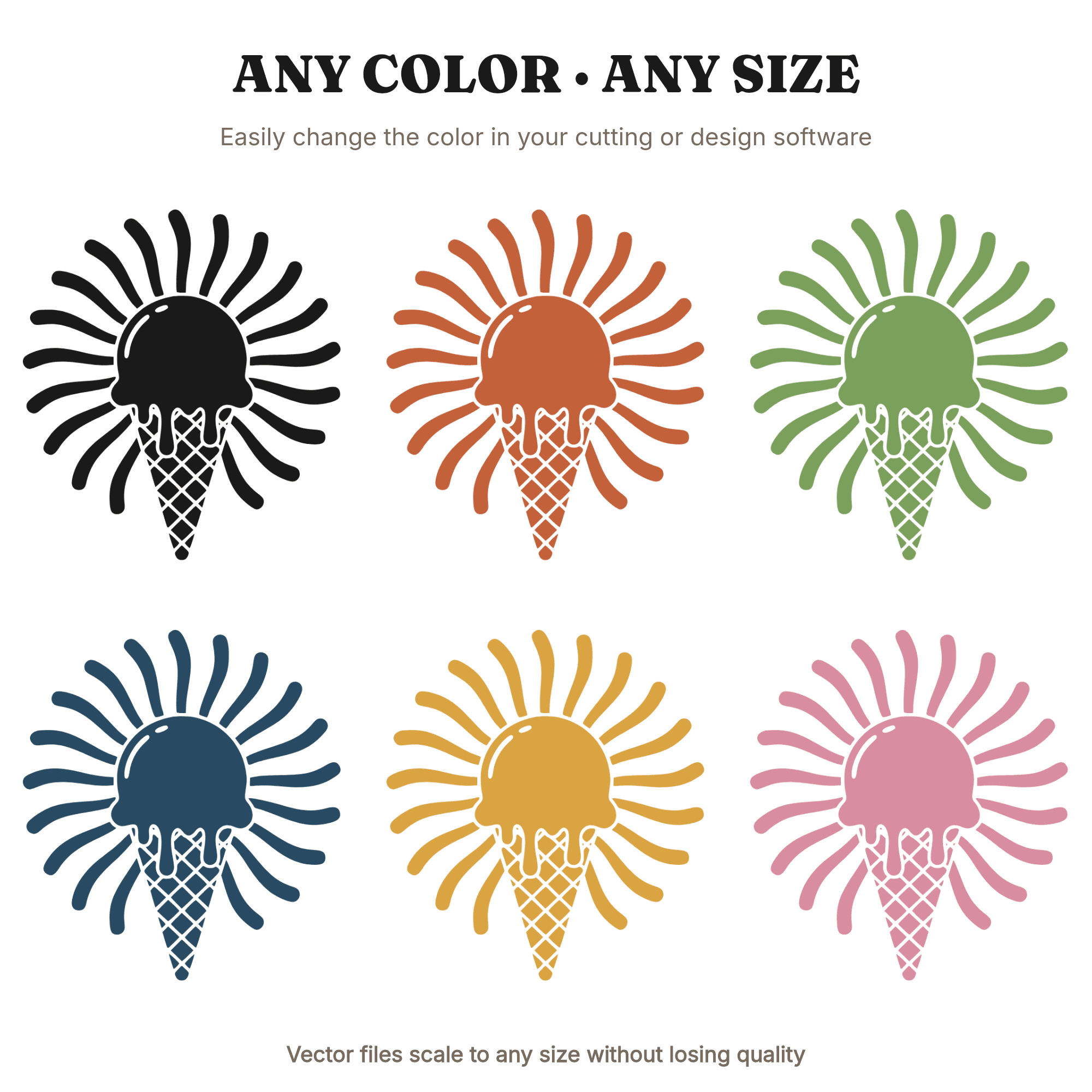 Retro Ice Cream Cone SVG PNG, 70s Sunburst Drip Overhead View, National Ice Cream Day Cut File — view 2