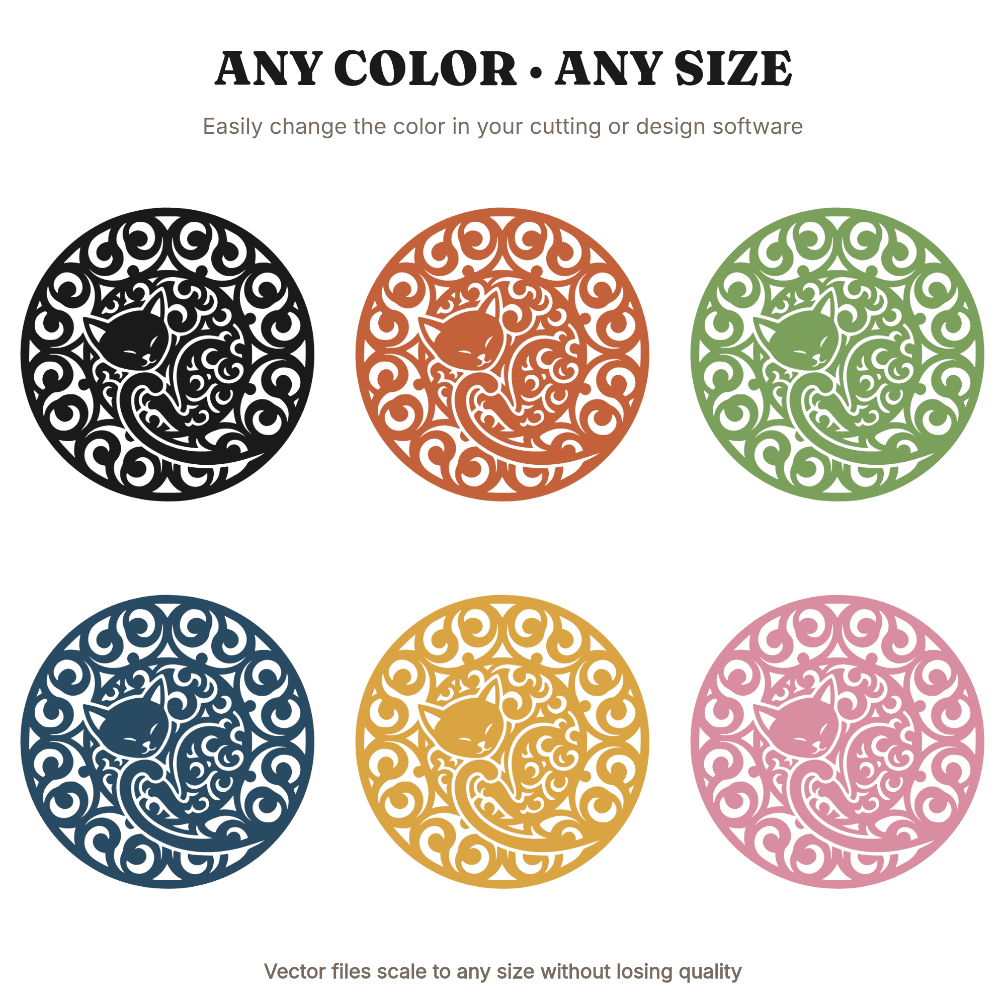 Curled Cat Mandala SVG PNG, Scandinavian Folk Art Ornament Cut File, Sleeping Cat Circle Design — view 2