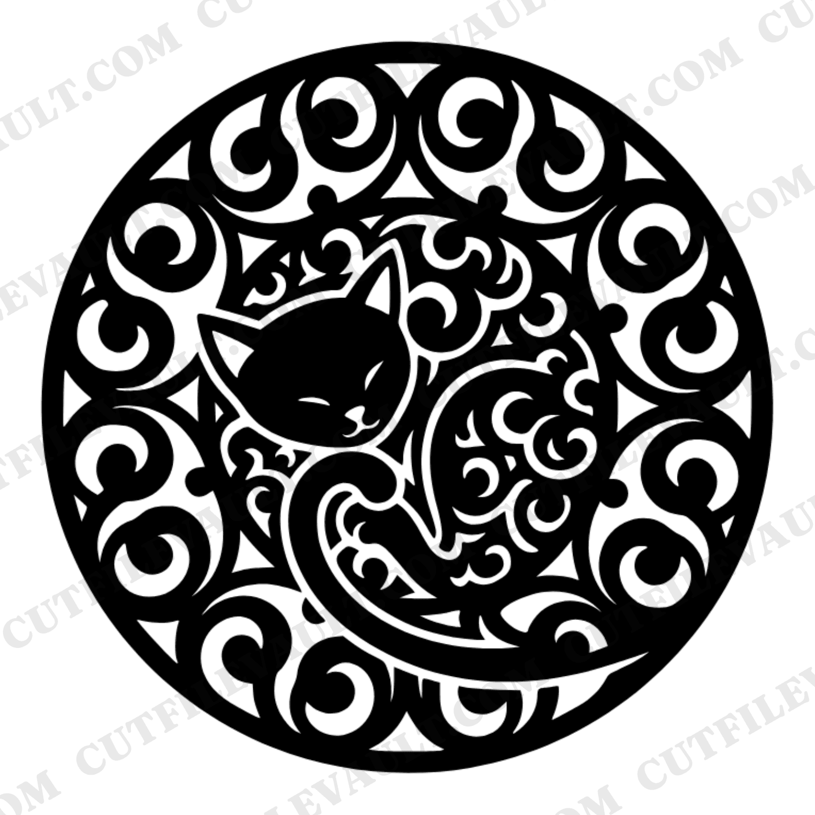 Curled Cat Mandala SVG PNG, Scandinavian Folk Art Ornament Cut File, Sleeping Cat Circle Design — view 1