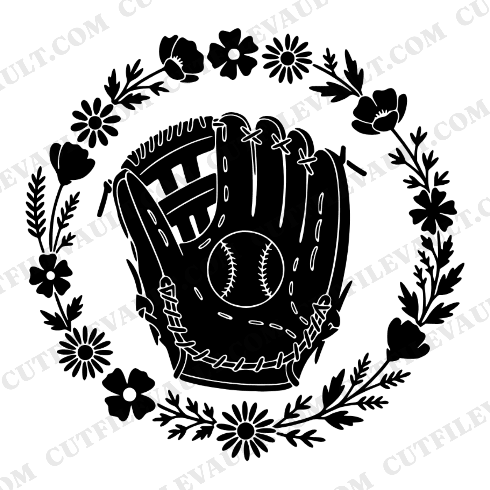 Labor Day Baseball Glove SVG PNG, Wildflower Wreath Baseball Glove Cut File, Cottagecore Sports — view 1