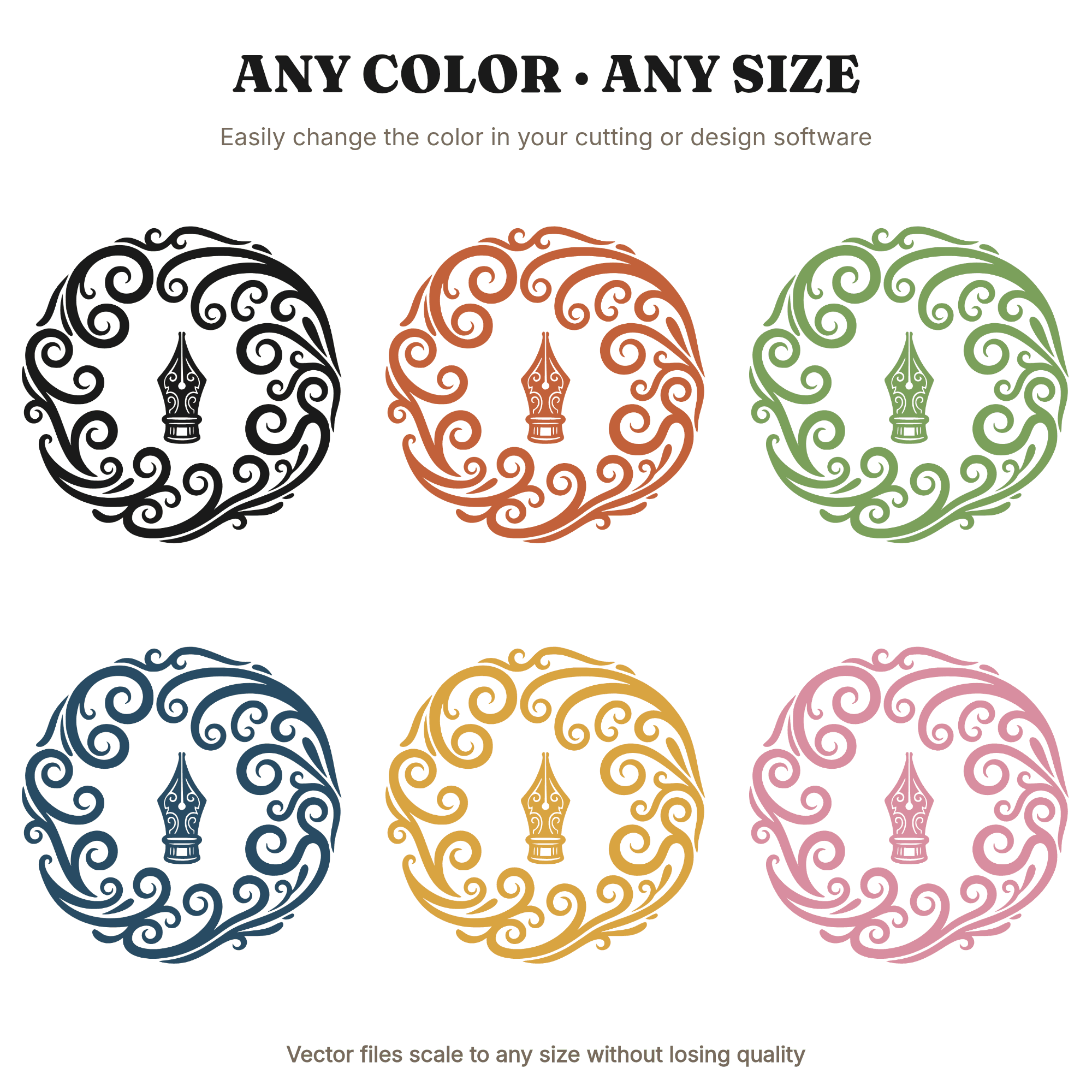 Fountain Pen Nib SVG PNG, Retro 70s Wave Ink Flourish, Art Nouveau Stationery Cut File — view 2
