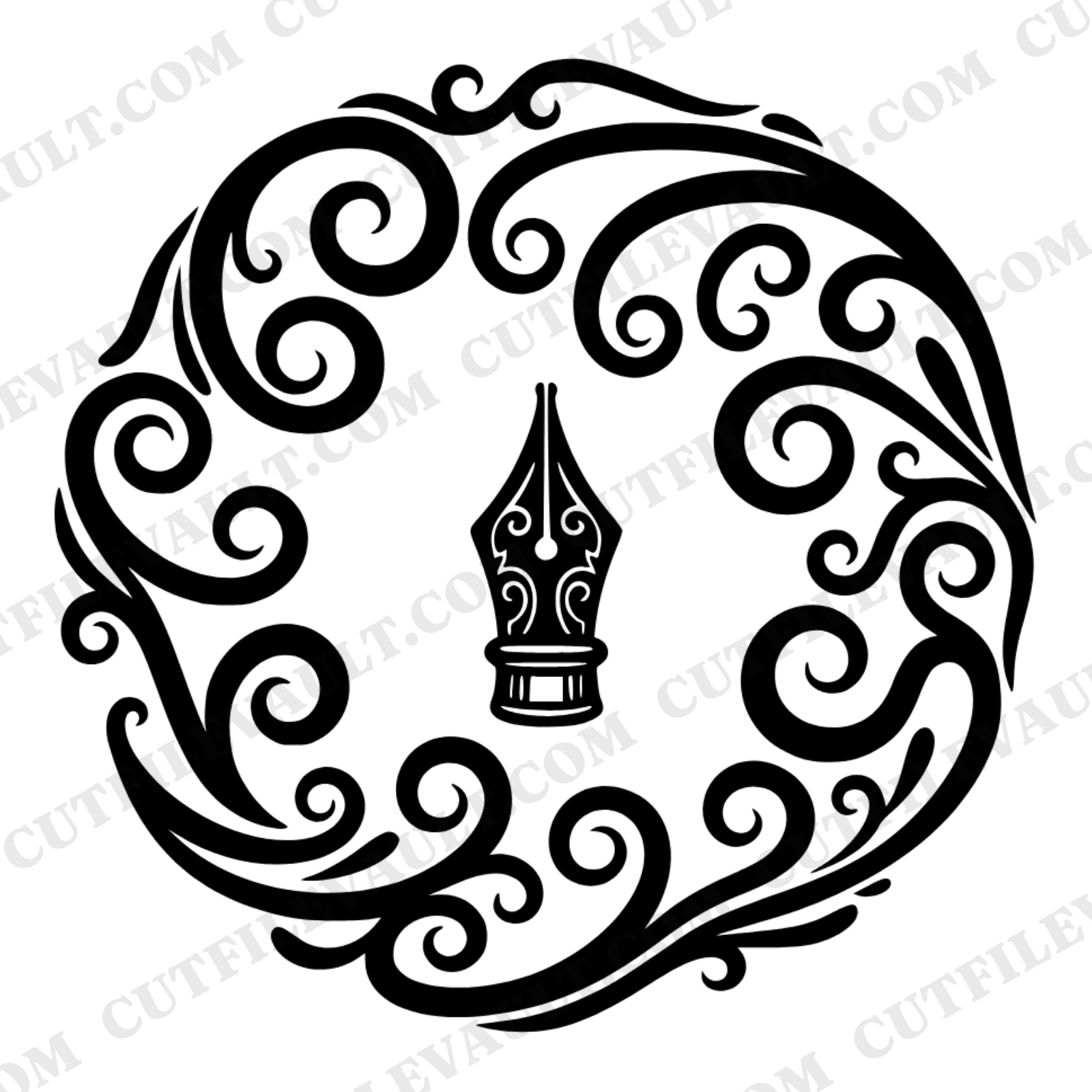 Fountain Pen Nib SVG PNG, Retro 70s Wave Ink Flourish, Art Nouveau Stationery Cut File — view 1