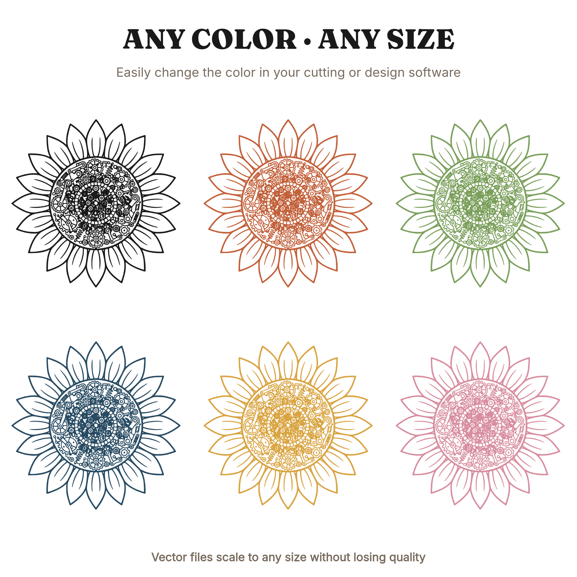 Steampunk Sunflower SVG PNG, Clockwork Medallion Cut File, Scandinavian Line Art Flower Design — view 2