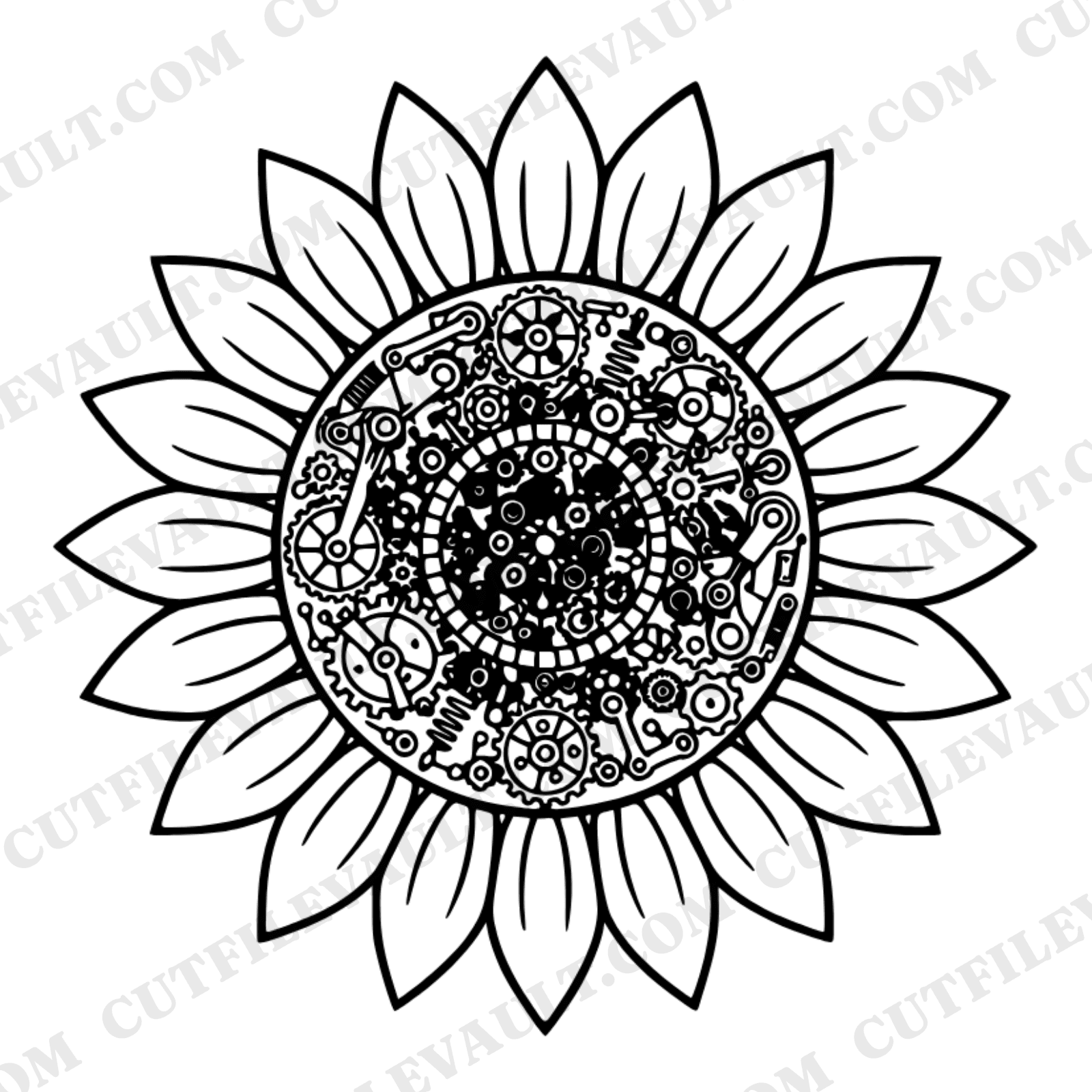 Steampunk Sunflower SVG PNG, Clockwork Medallion Cut File, Scandinavian Line Art Flower Design — view 1