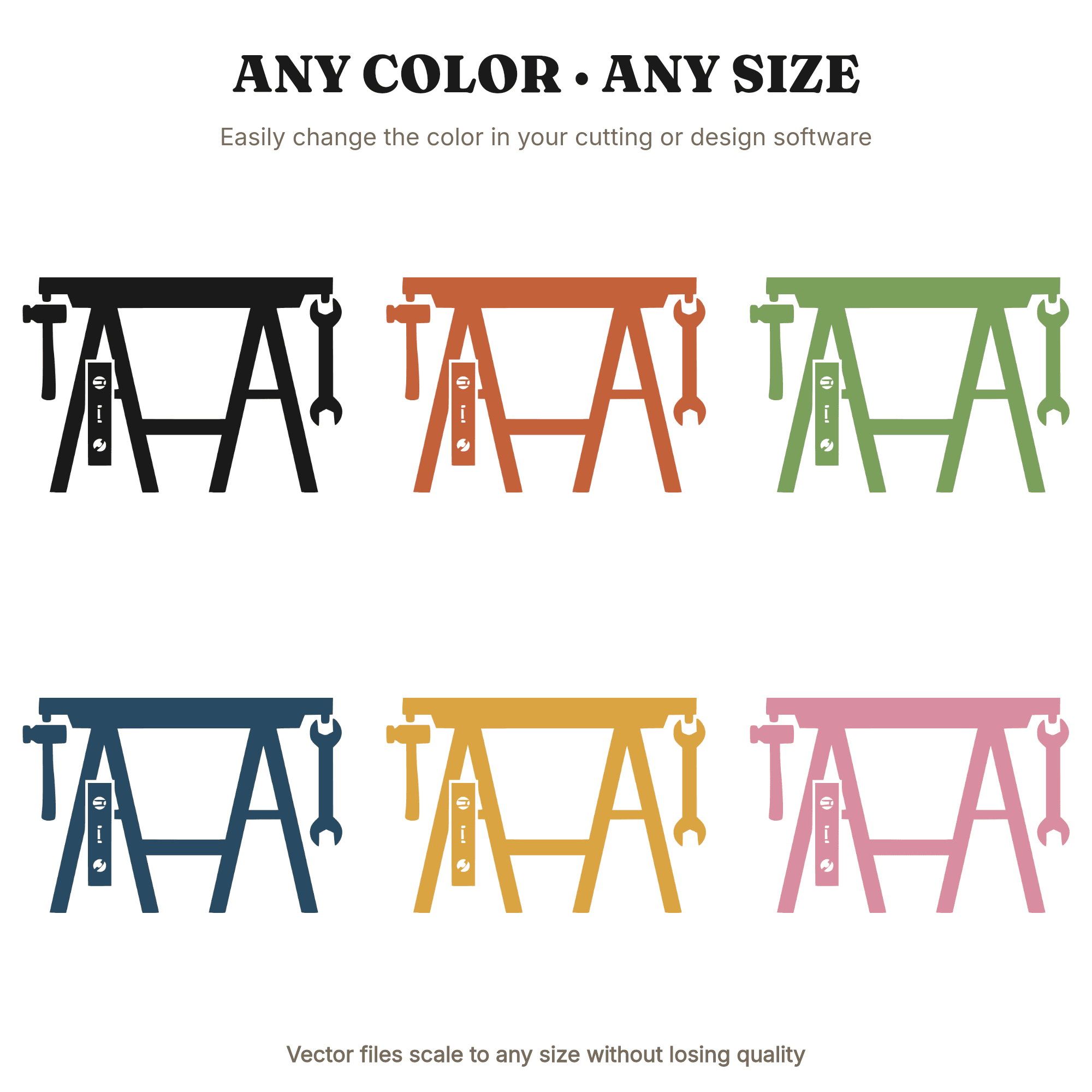 Labor Day Sawhorse SVG PNG, Tools Hammer Wrench Level Cut File, Mid Century Worker Craft Design — view 2