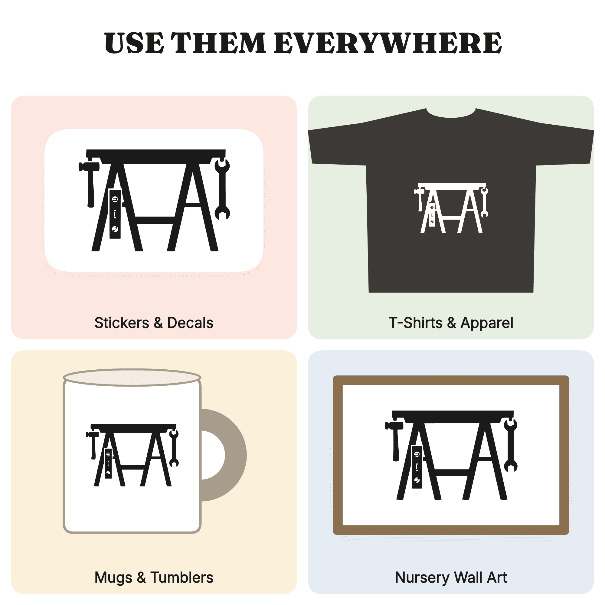 Labor Day Sawhorse SVG PNG, Tools Hammer Wrench Level Cut File, Mid Century Worker Craft Design — view 3