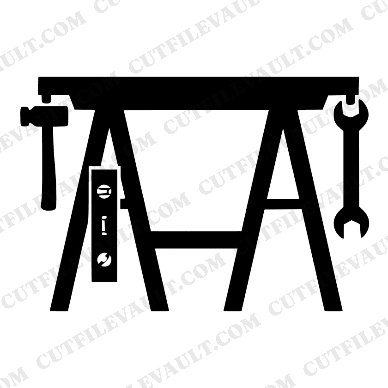 Labor Day Sawhorse SVG PNG, Tools Hammer Wrench Level Cut File, Mid Century Worker Craft Design — view 1