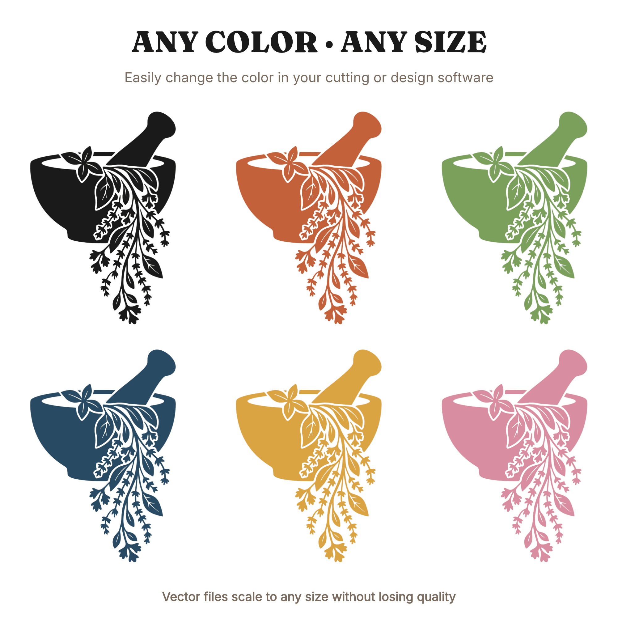 Kitchen Witch Mortar and Pestle SVG PNG, Herb Silhouette Cut File, Apothecary Witchy Kitchen Decor — view 2