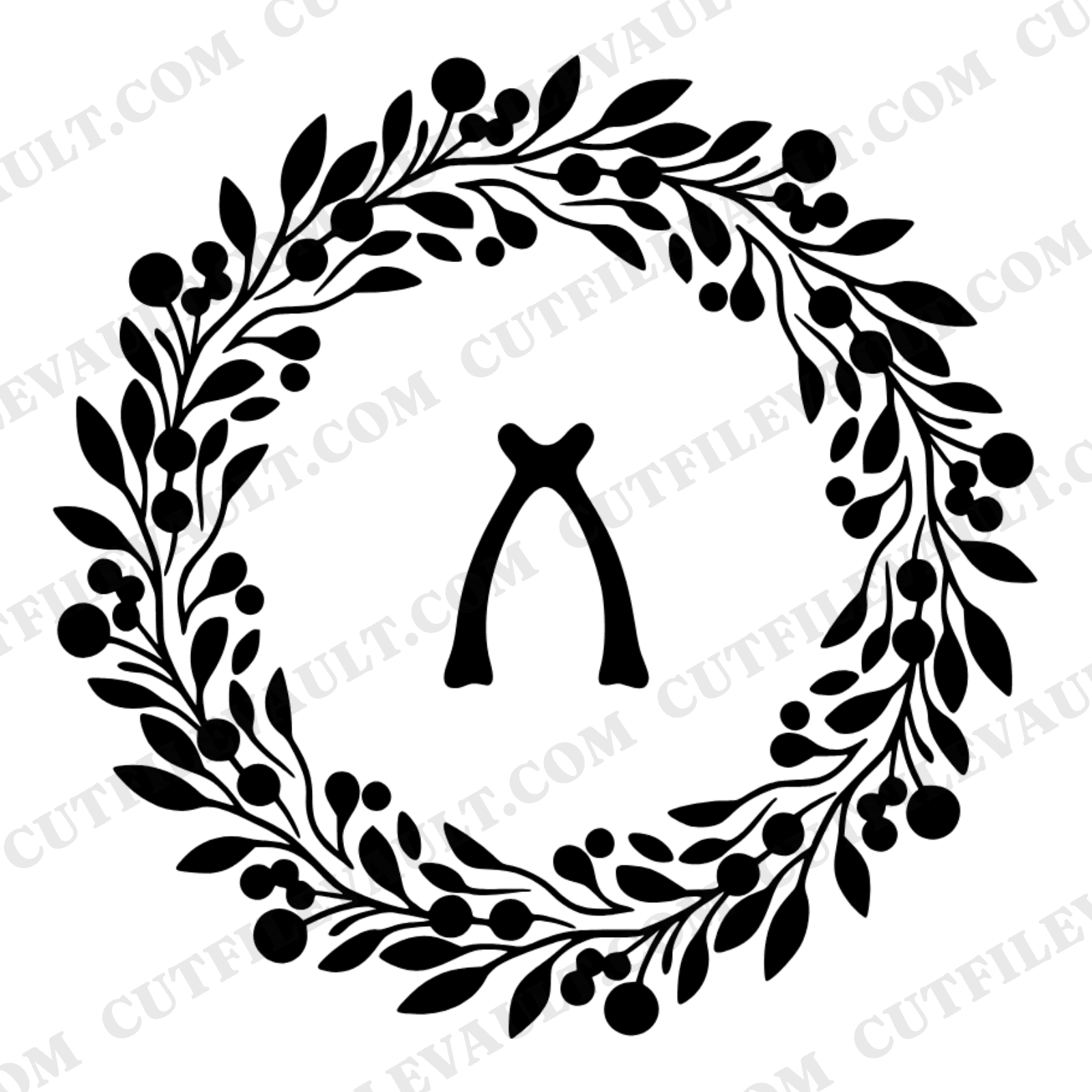 Wishbone Wreath SVG PNG, Autumn Botanical Medallion Silhouette, Thanksgiving Turkey Wishbone Cut File
