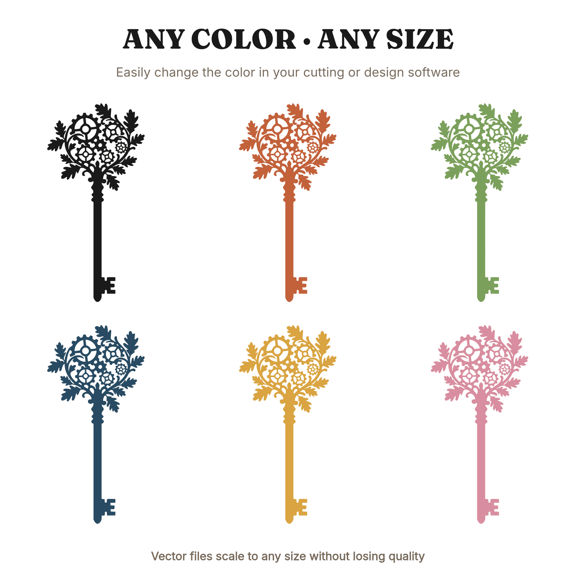 Gothic Steampunk Skeleton Key SVG PNG, Oak Leaves Gears Clockwork Cut File, Halloween Boho Decor — view 2
