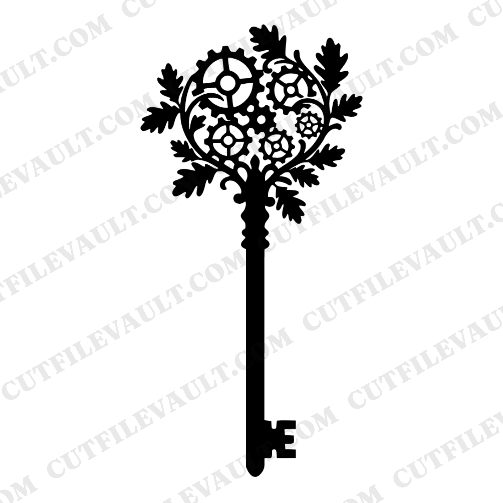 Gothic Steampunk Skeleton Key SVG PNG, Oak Leaves Gears Clockwork Cut File, Halloween Boho Decor — view 1