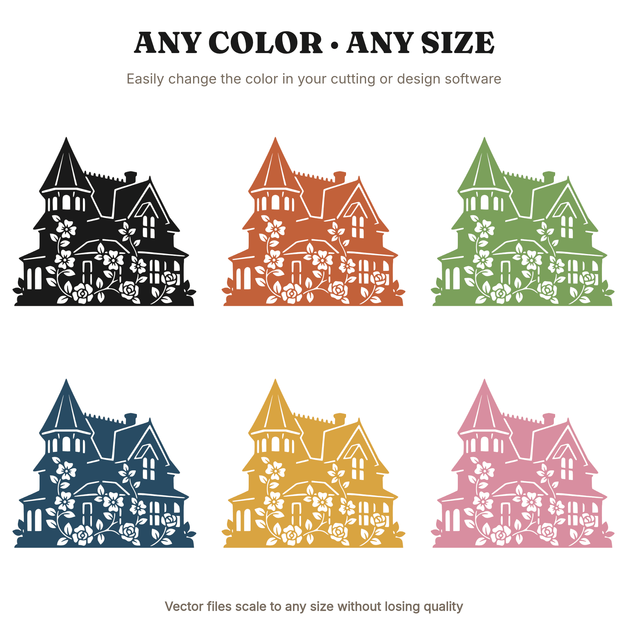 Victorian Mansion Turret SVG PNG, Climbing Roses Silhouette, Cottagecore Halloween Decor Cut File — view 2