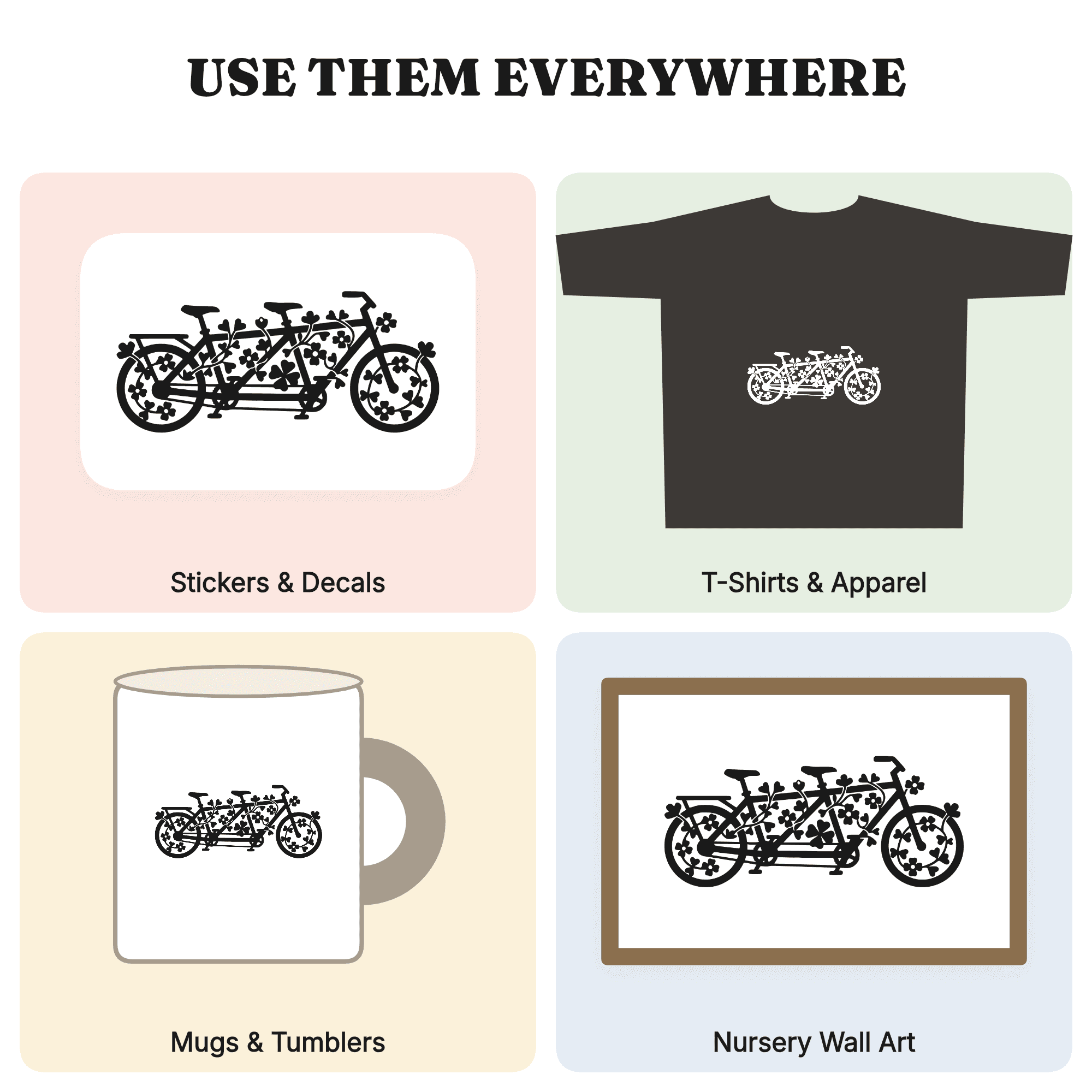 Tandem Bicycle Wildflower SVG PNG, Friendship Day Cut File, Floral Bike Silhouette Design — view 3